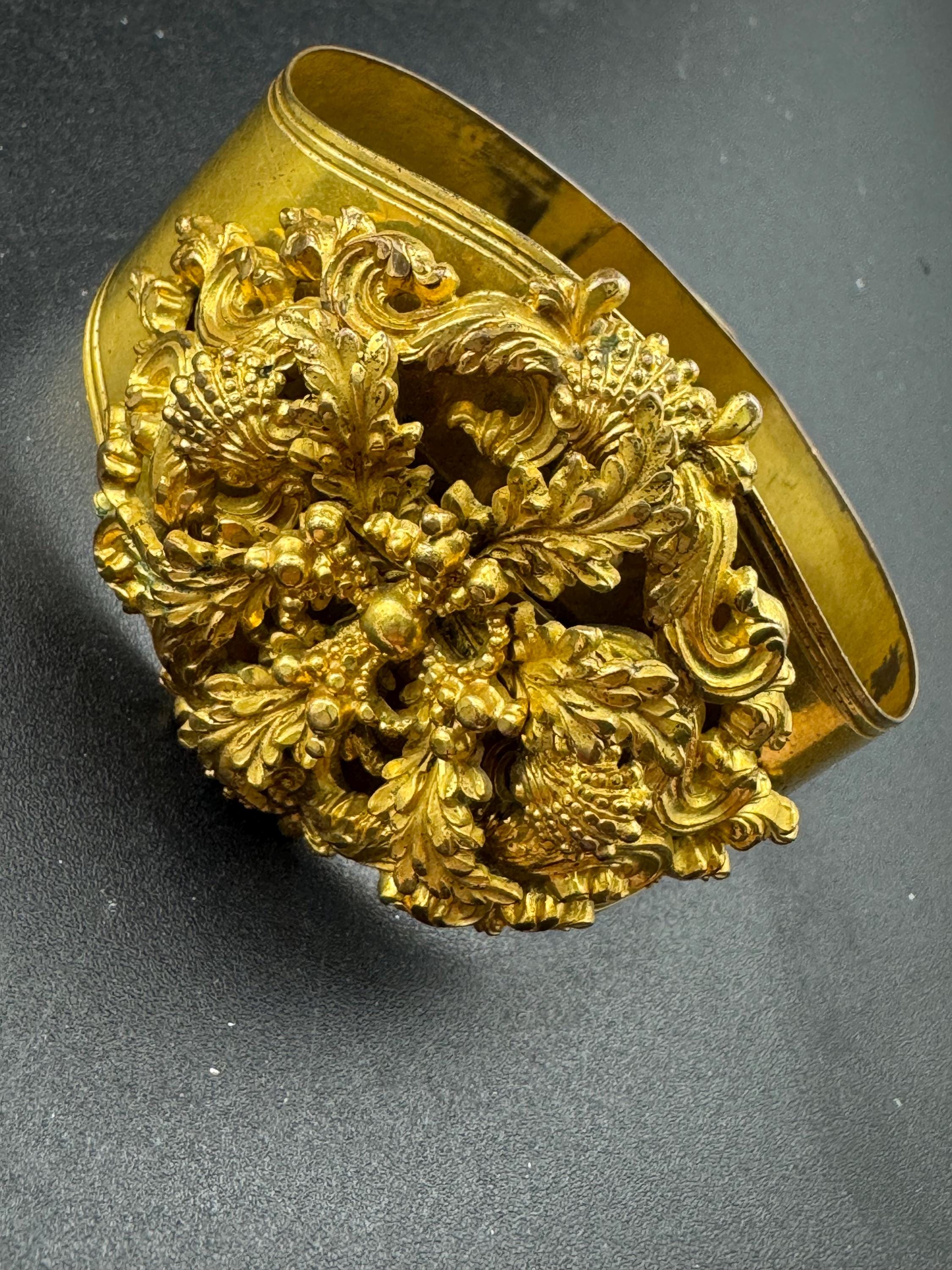 Antique Georgian Brass Bangle Bracelet: Shell & Floral, Gold Tone