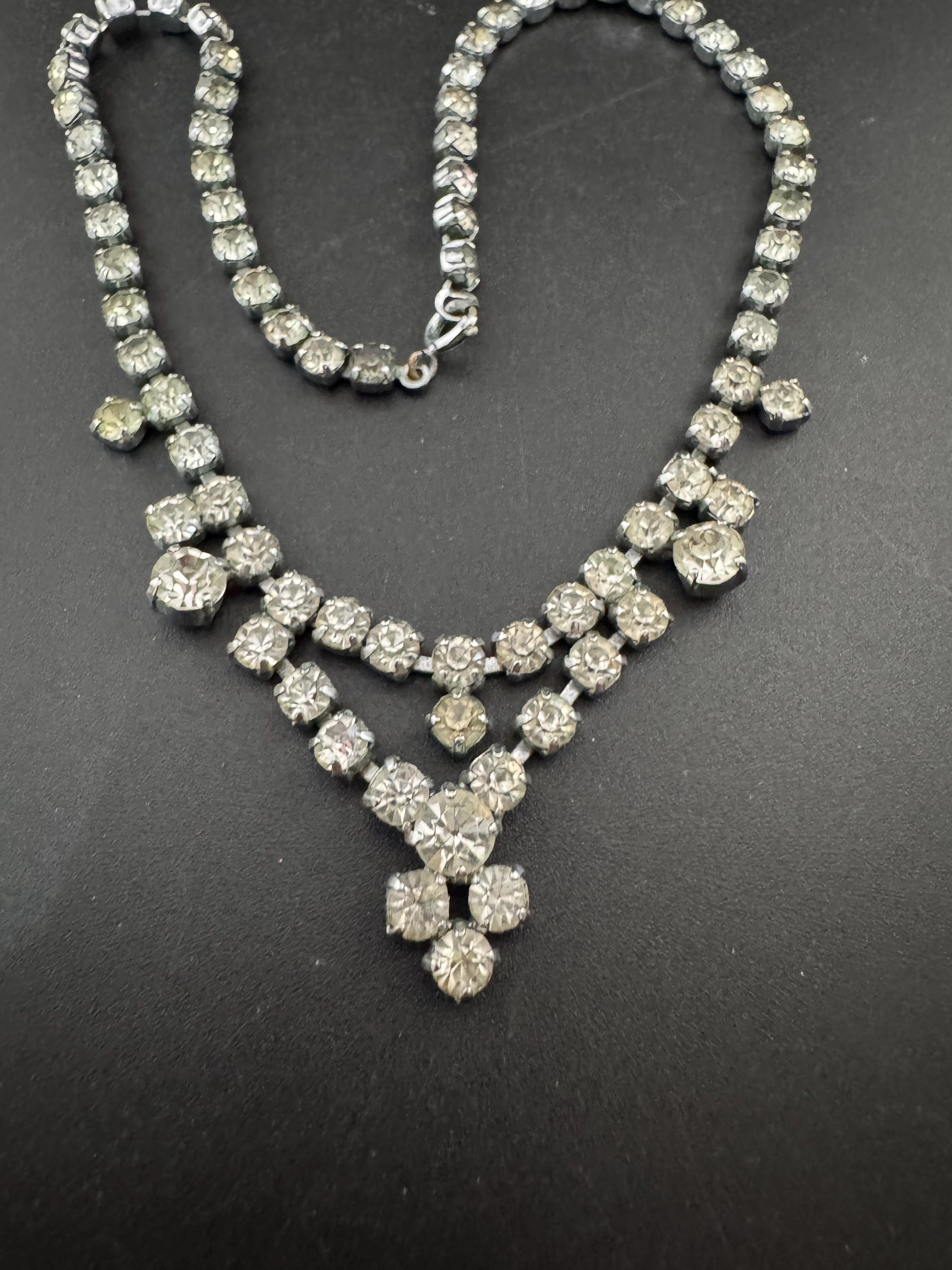 petite fit diamanté crystal drop necklace, clear glass rhinestones, vintage