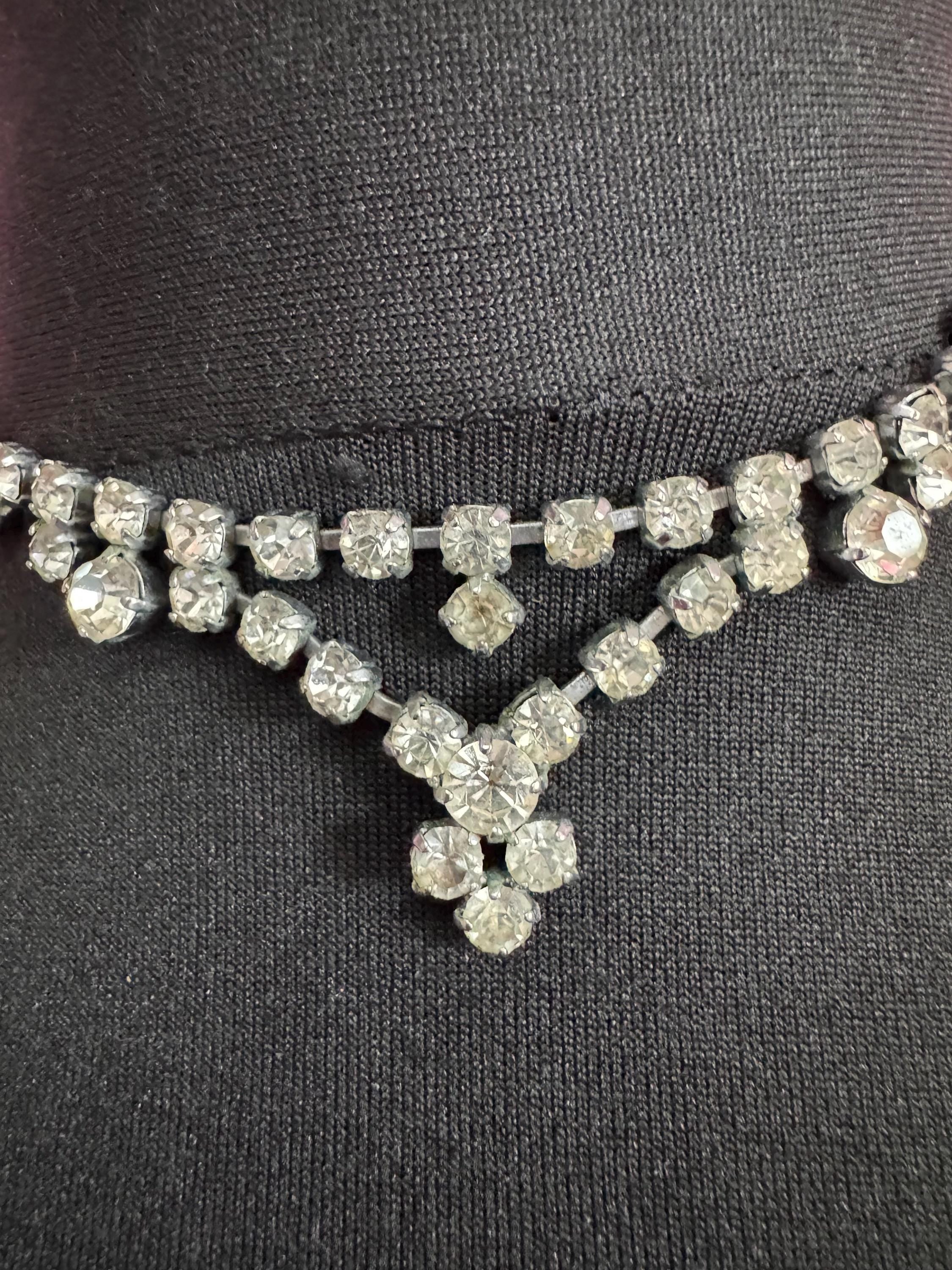 petite fit diamanté crystal drop necklace, clear glass rhinestones, vintage