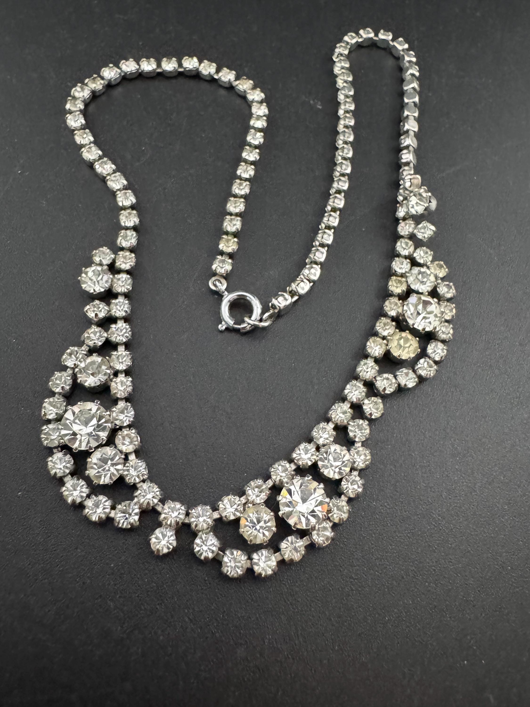 petite fit diamanté crystal collar choker necklace, clear glass rhinestones, vintage