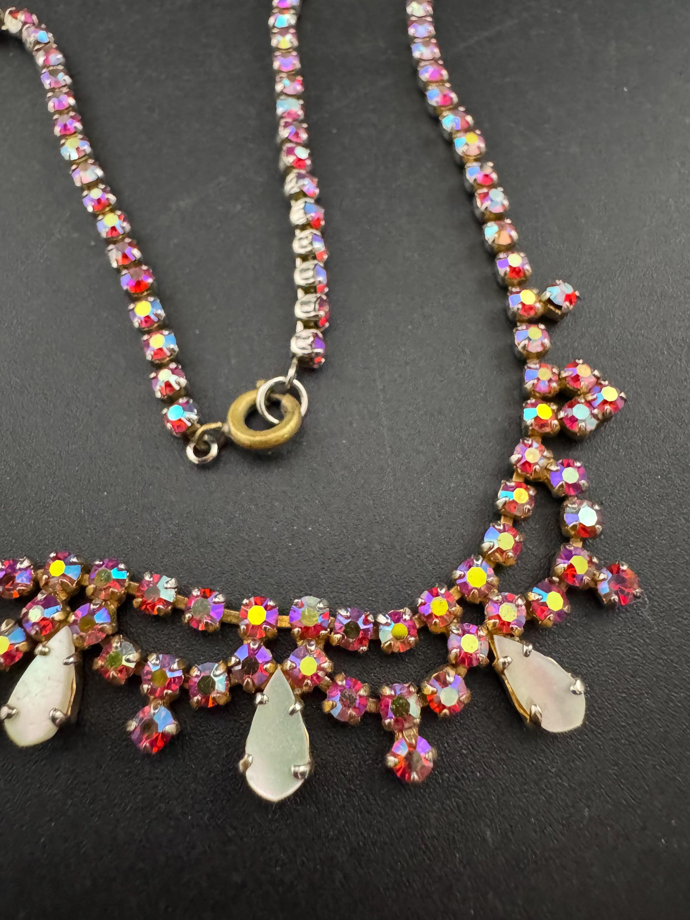 petite fit pink diamanté crystal drop necklace, AB glass rhinestones, vintage