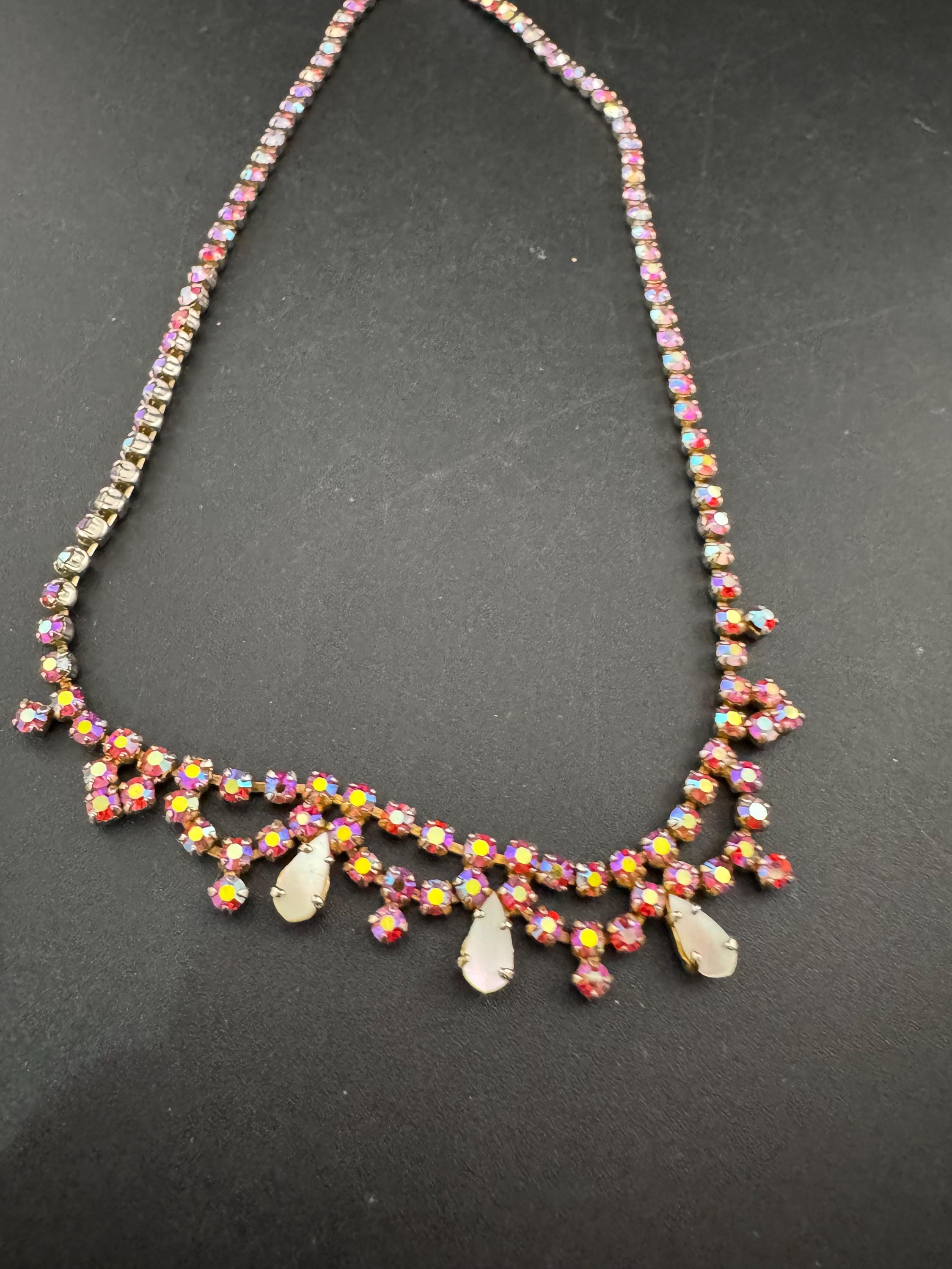 petite fit pink diamanté crystal drop necklace, AB glass rhinestones, vintage