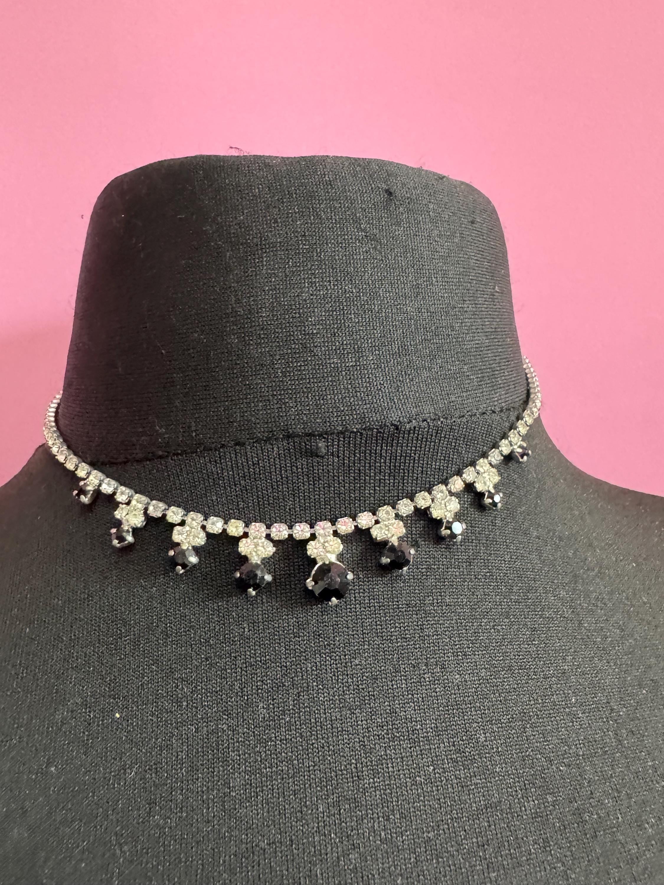 40cm diamanté crystal collar choker necklace, black and clear glass rhinestones, vintage