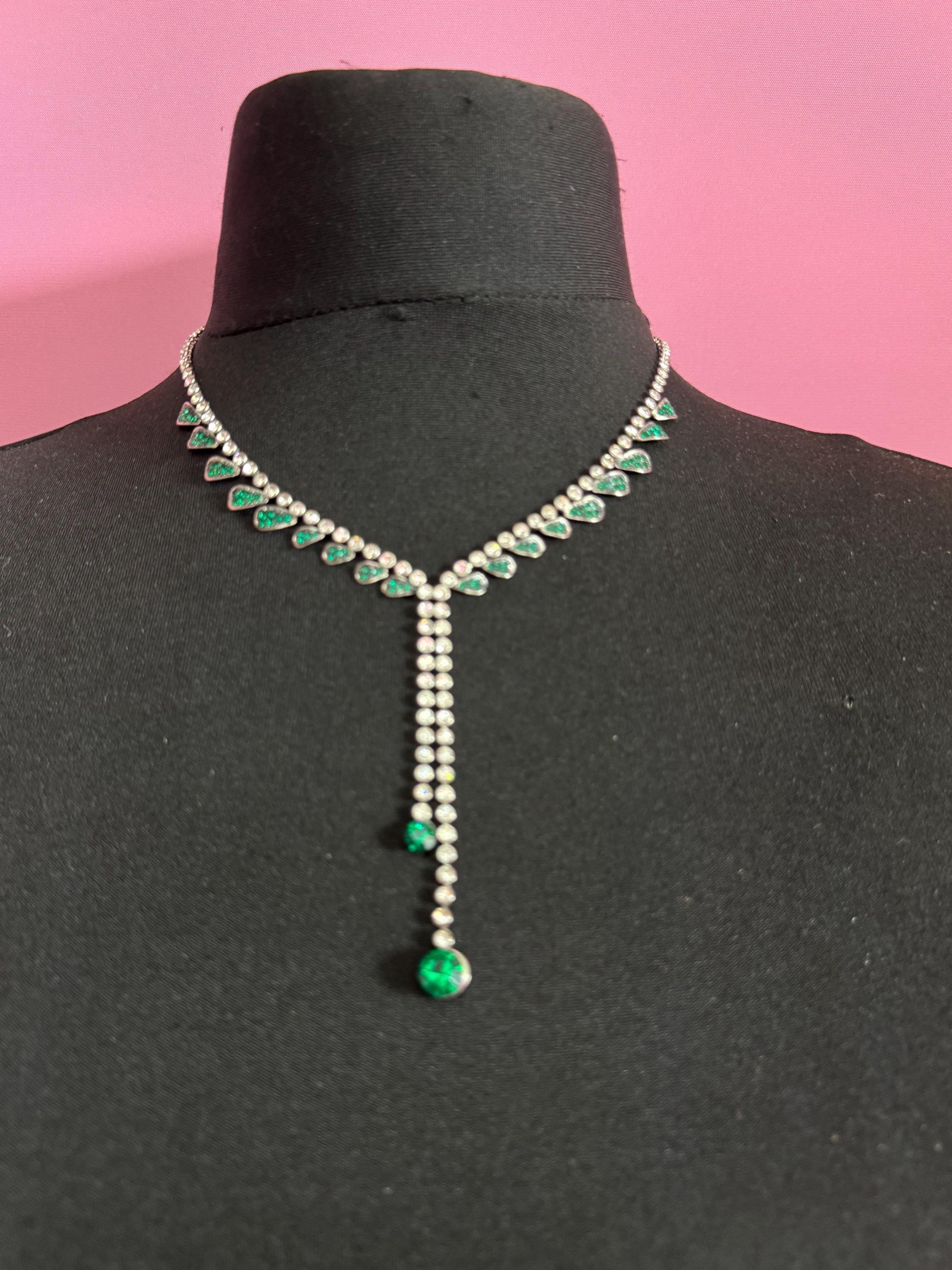 Emerald diamanté crystal drop necklace, glass rhinestones, retro