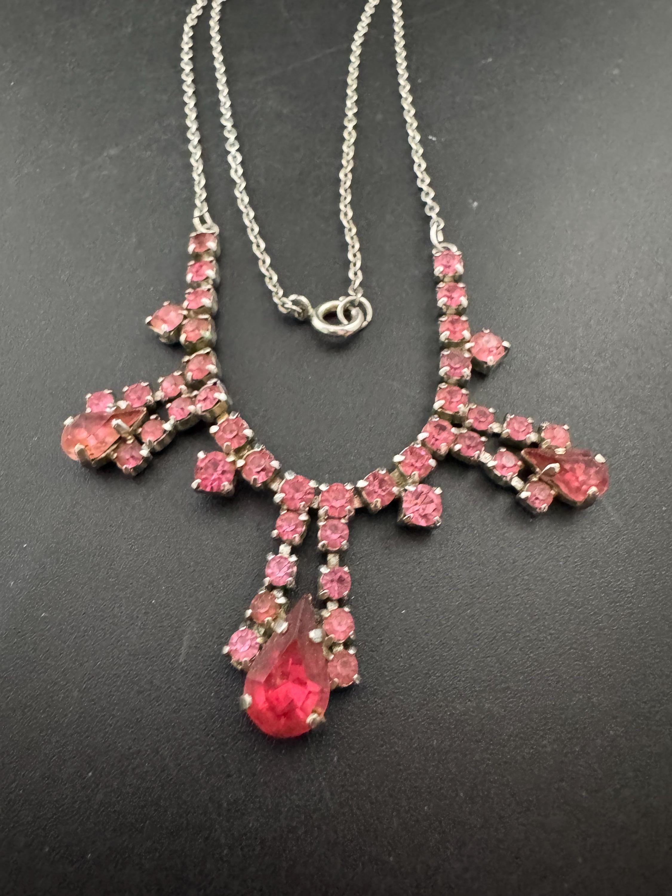 43cm pink diamanté crystal drop necklace, fine chain, glass rhinestones, vintage