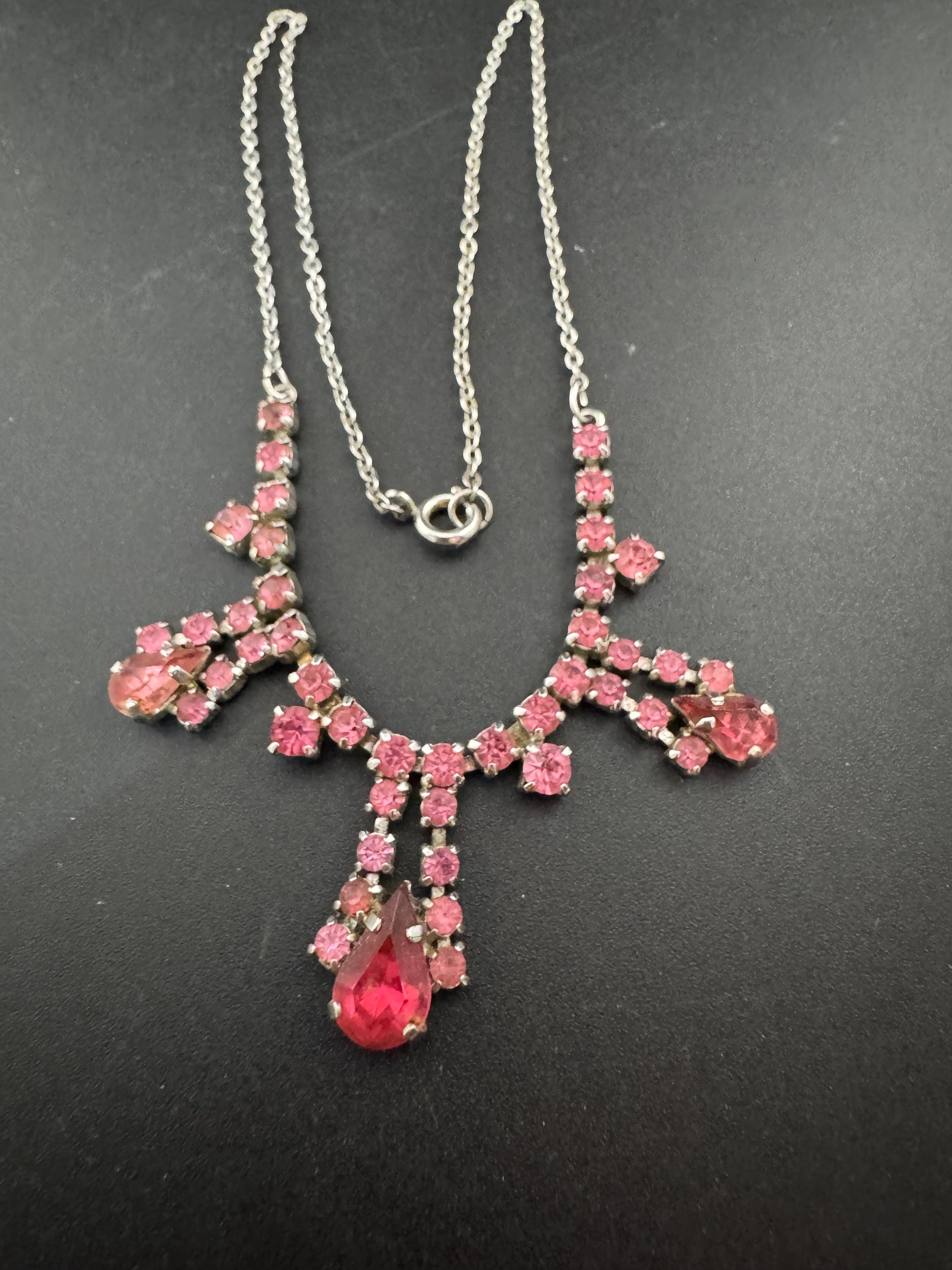 43cm pink diamanté crystal drop necklace, fine chain, glass rhinestones, vintage