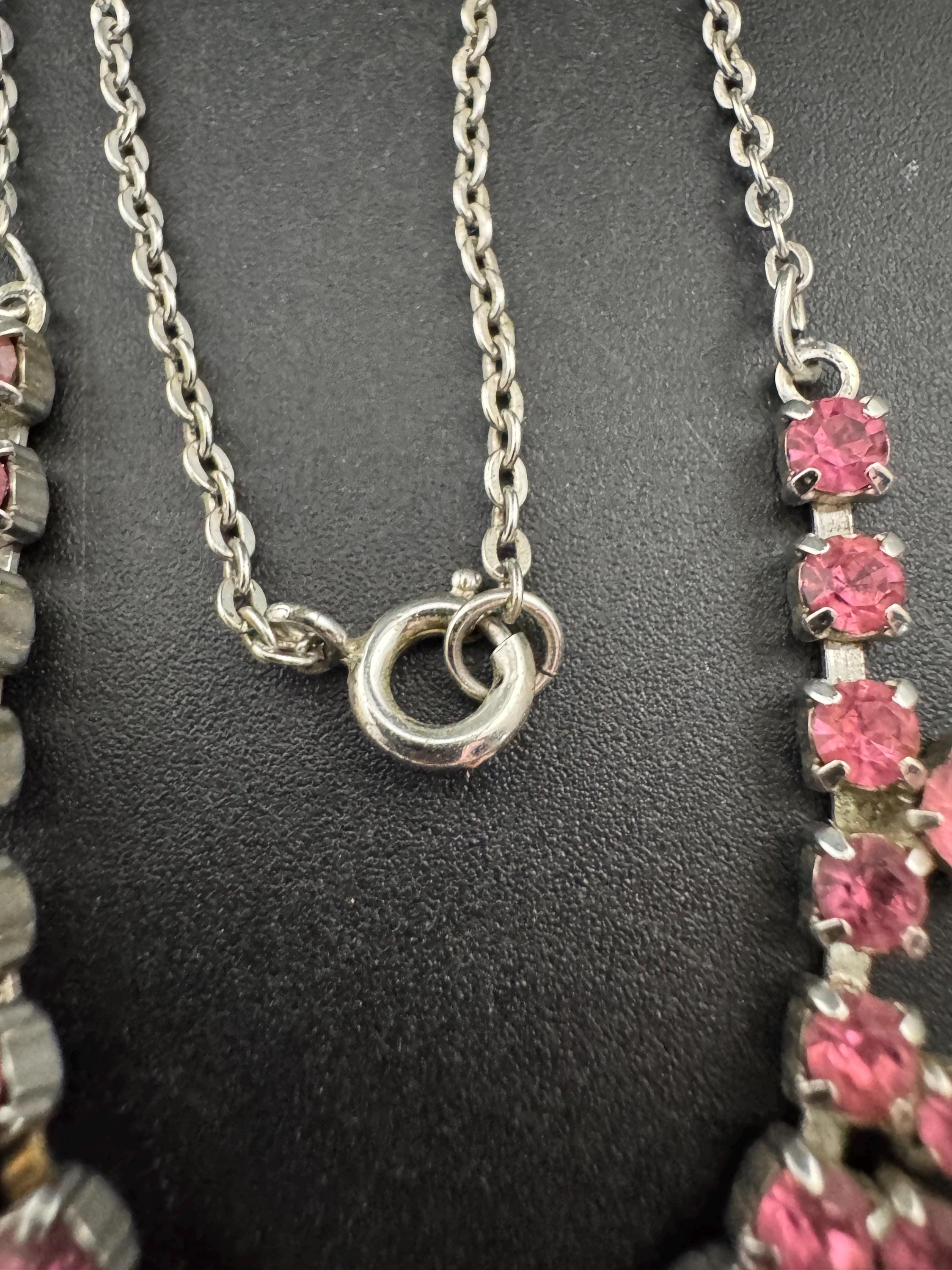43cm pink diamanté crystal drop necklace, fine chain, glass rhinestones, vintage