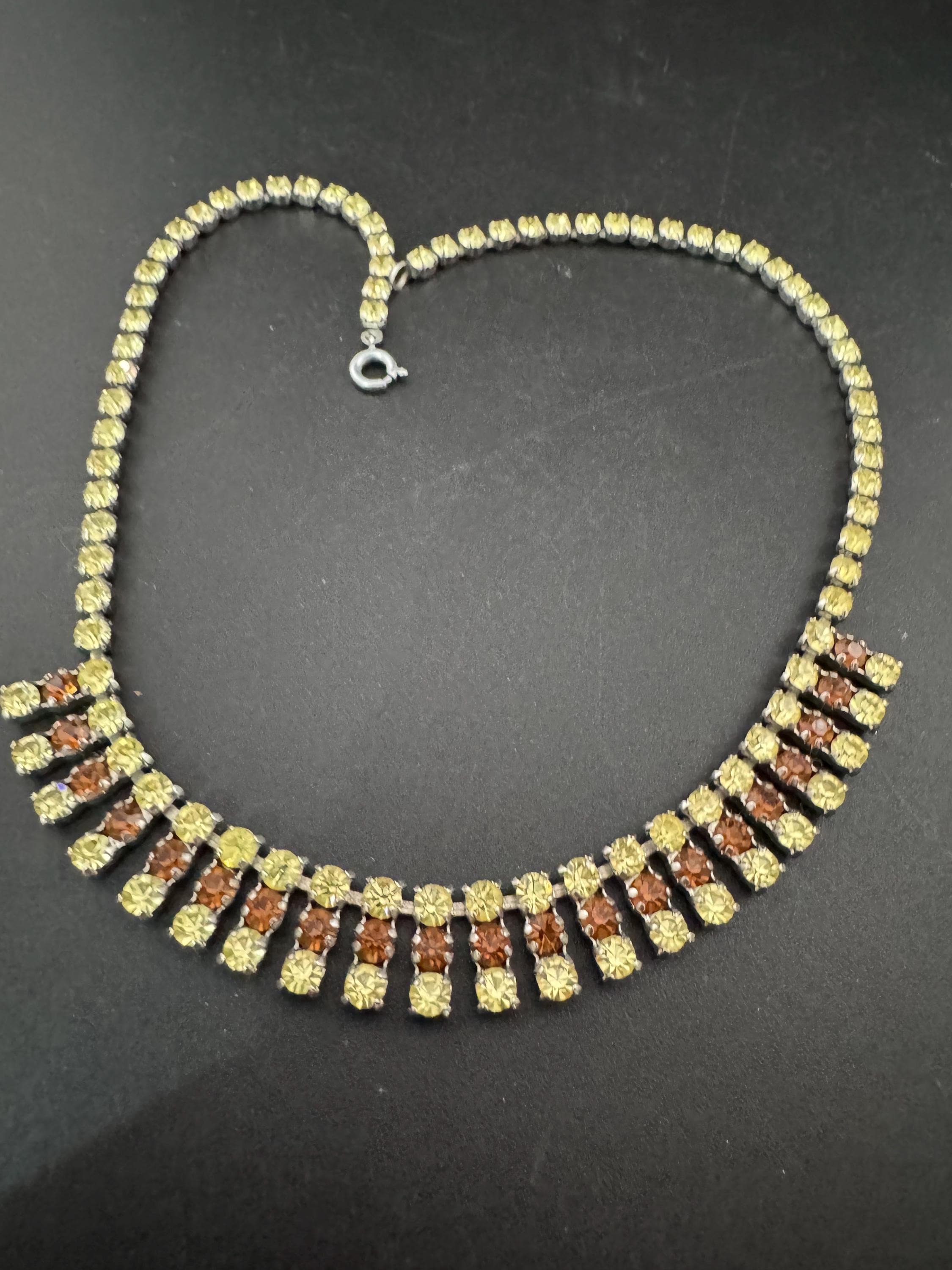 40cm diamanté crystal collar choker necklace, brown and yellow glass rhinestones, vintage