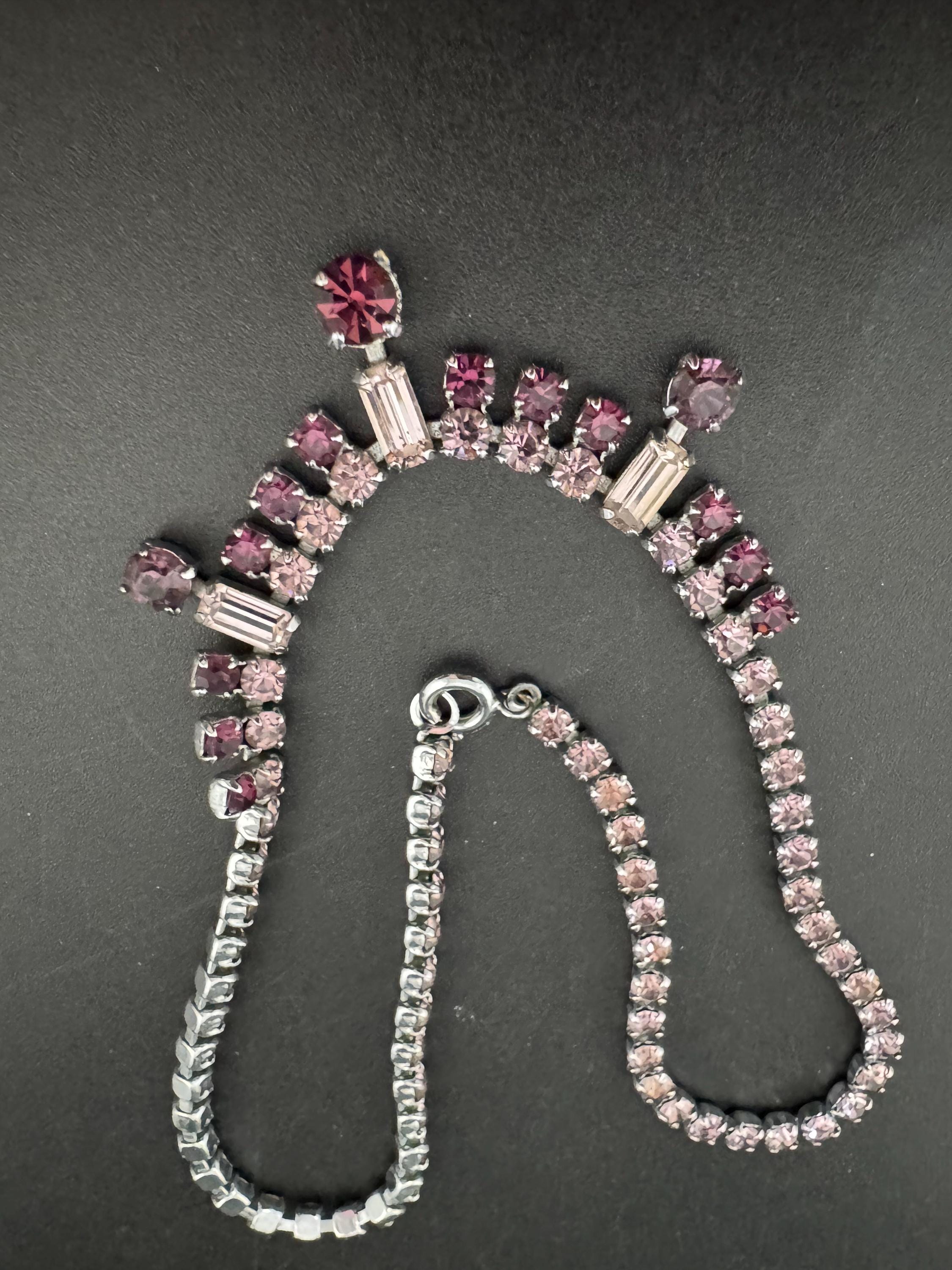 petite fit girls 35.5cm purple pink diamanté crystal drop necklace, glass rhinestones, vintage
