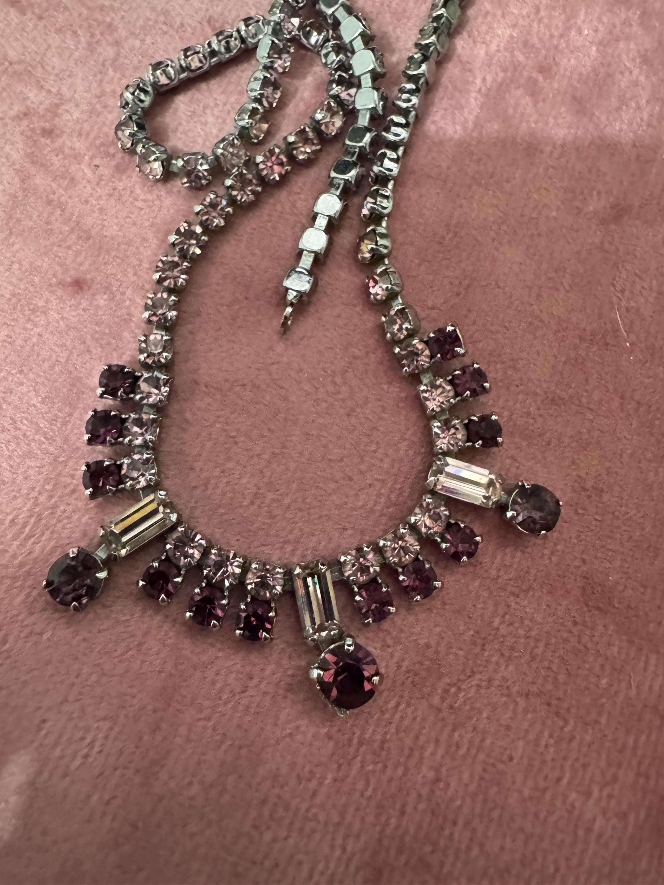 petite fit girls 35.5cm purple pink diamanté crystal drop necklace, glass rhinestones, vintage