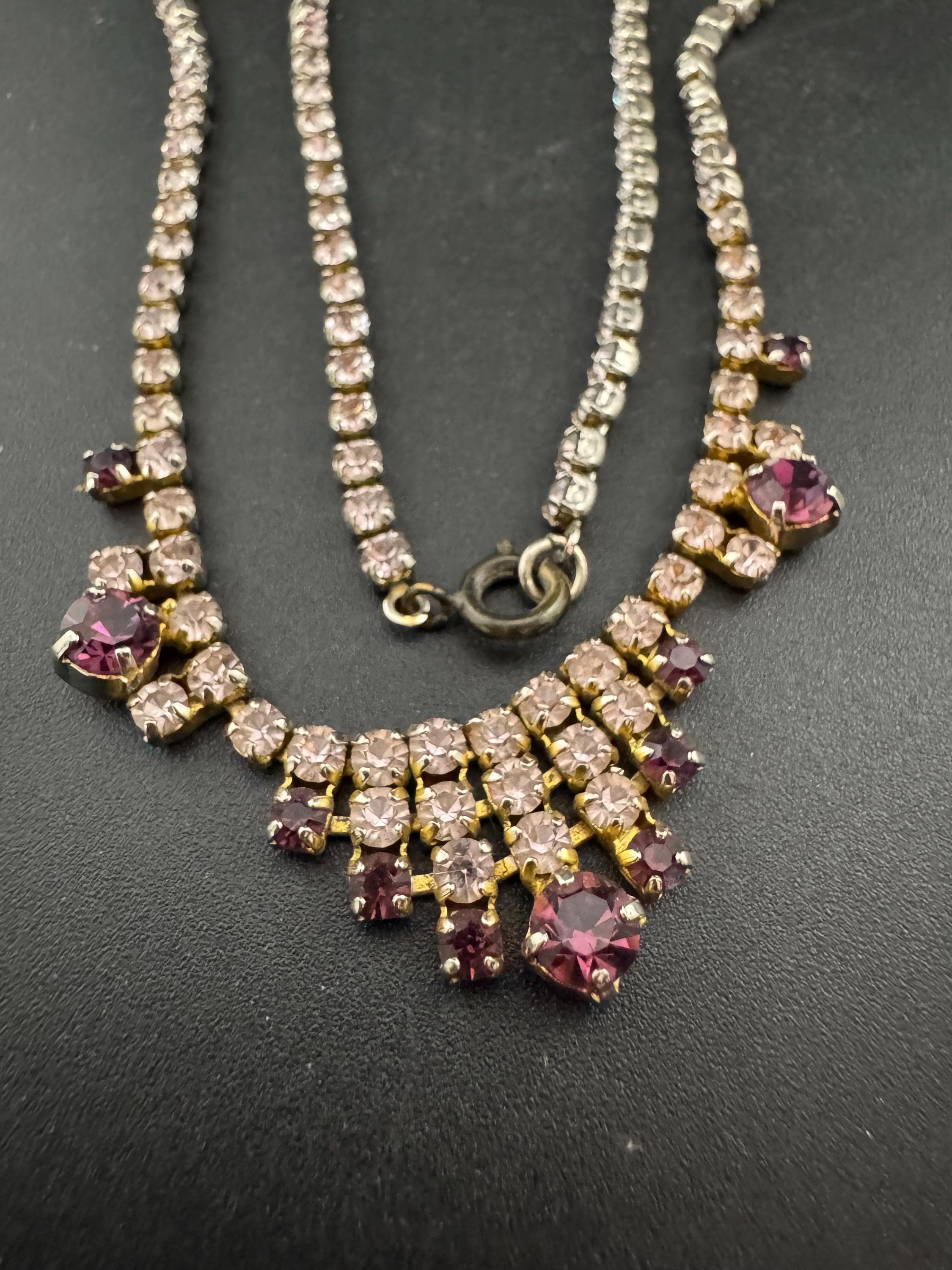 petite fit 39.5cm purple pink diamanté crystal drop necklace, glass rhinestones, vintage