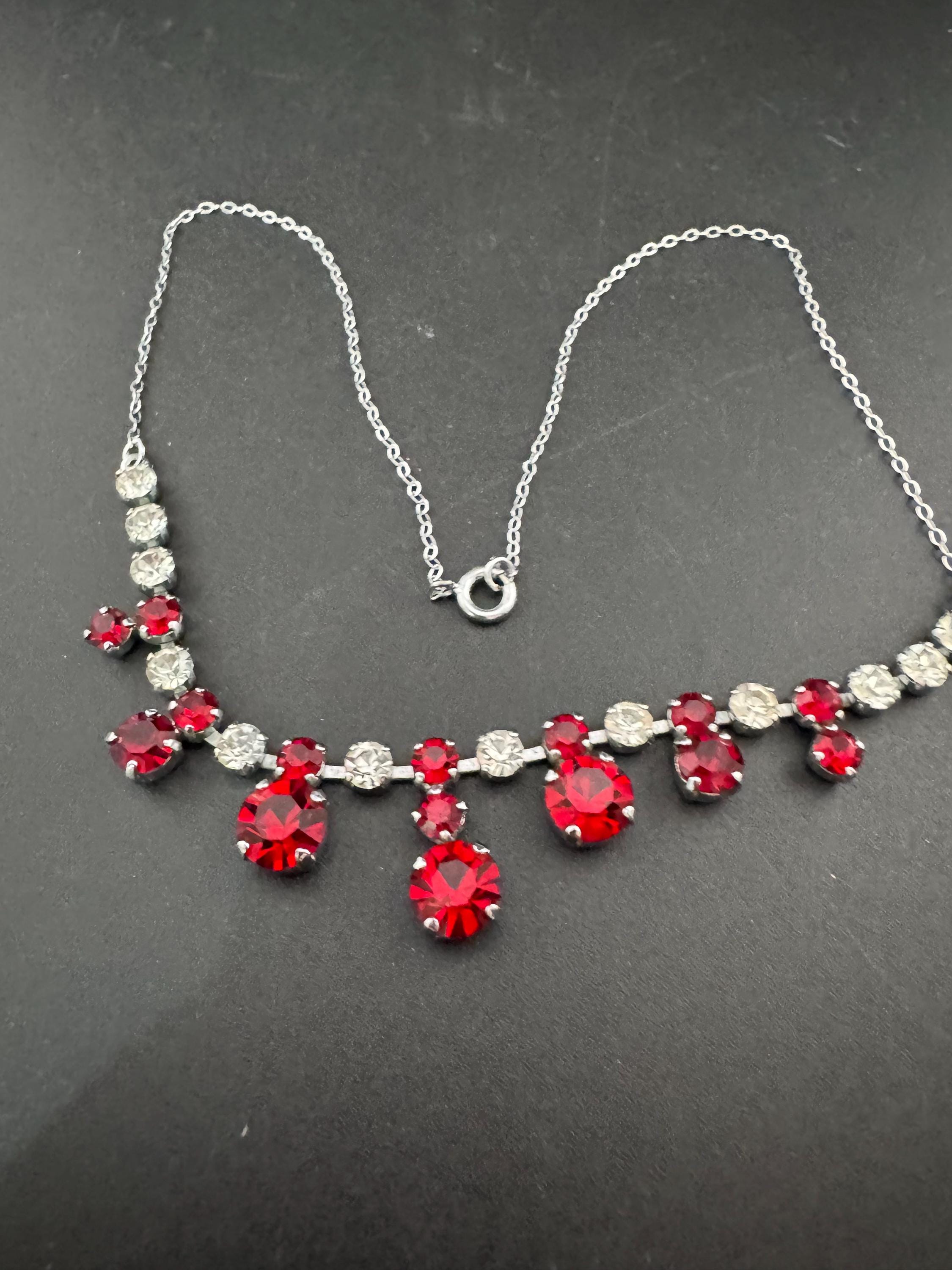 42cm Ruby red diamanté crystal drop necklace, fine chain, glass rhinestones, vintage