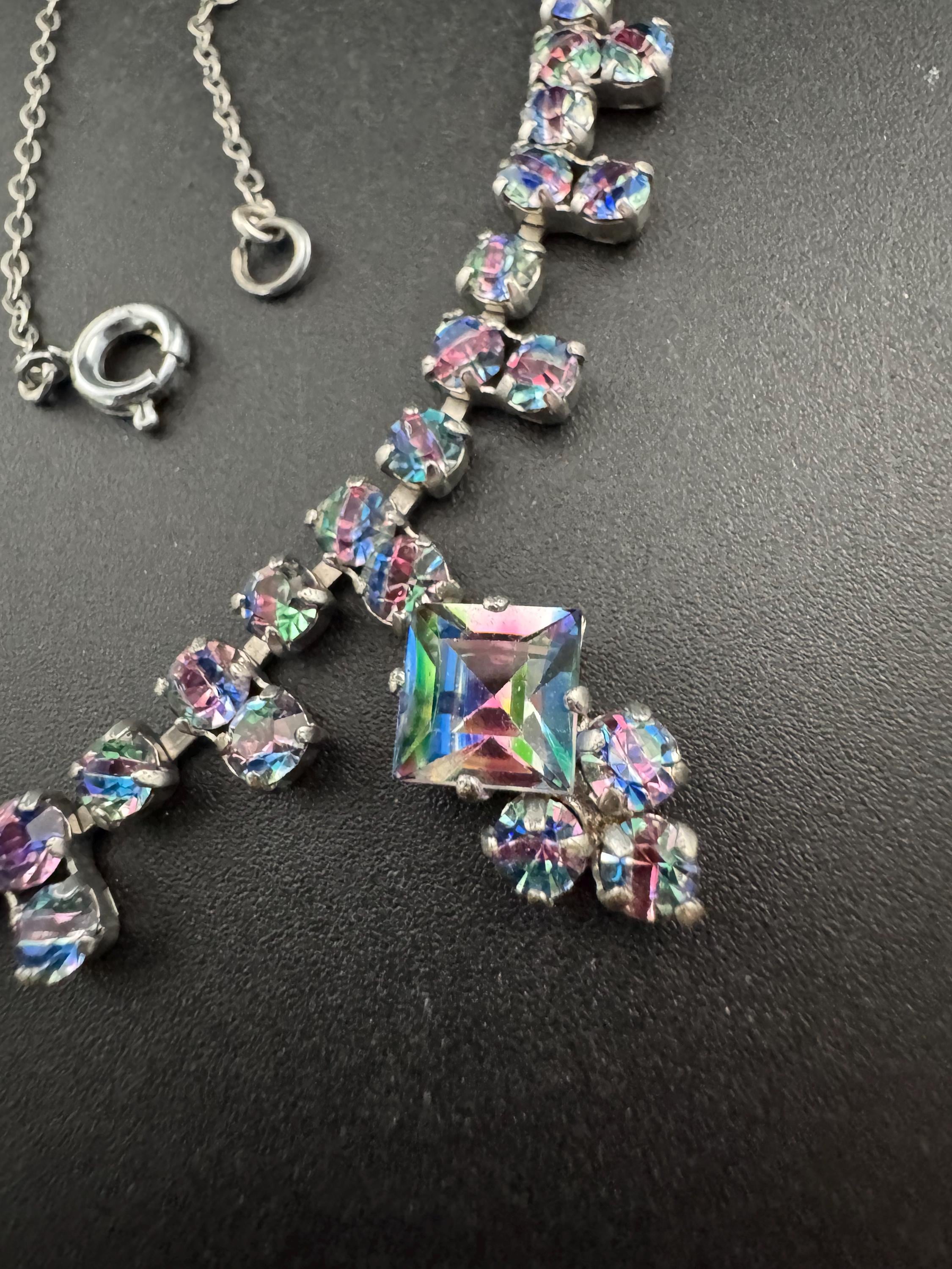 40cm coloured iris glass diamanté crystal drop necklace, rainbow rhinestones, vintage