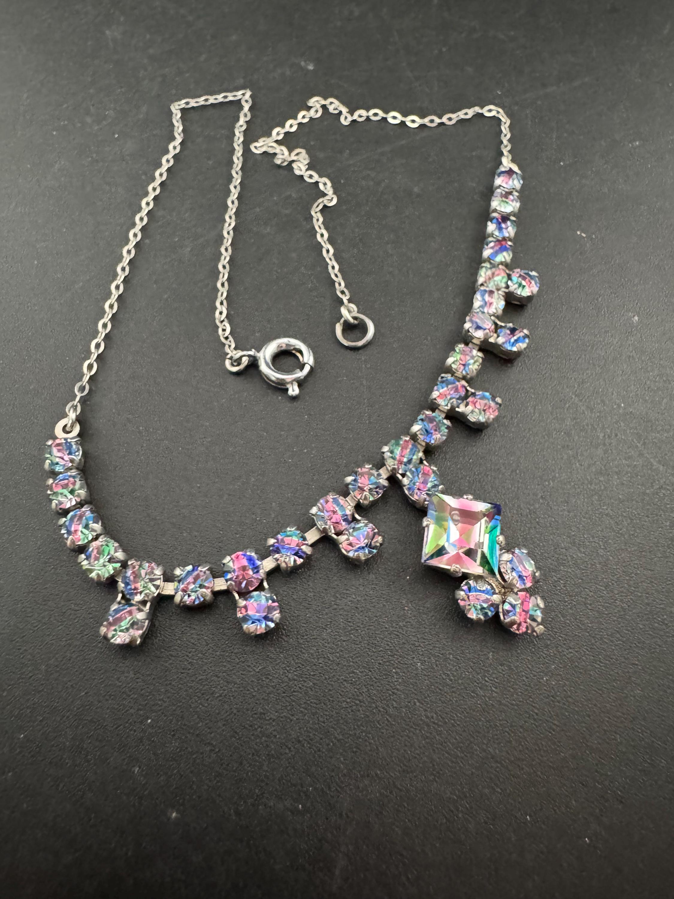 40cm coloured iris glass diamanté crystal drop necklace, rainbow rhinestones, vintage