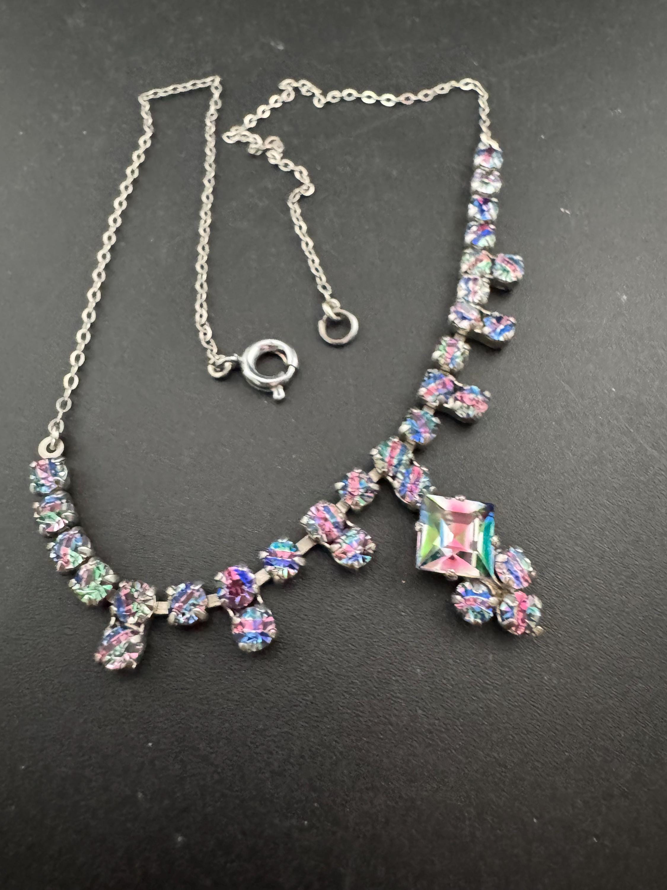 40cm coloured iris glass diamanté crystal drop necklace, rainbow rhinestones, vintage