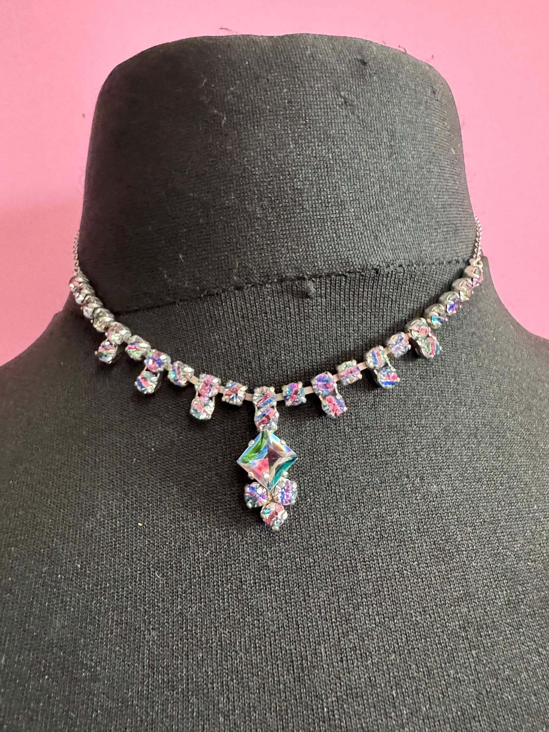 40cm coloured iris glass diamanté crystal drop necklace, rainbow rhinestones, vintage