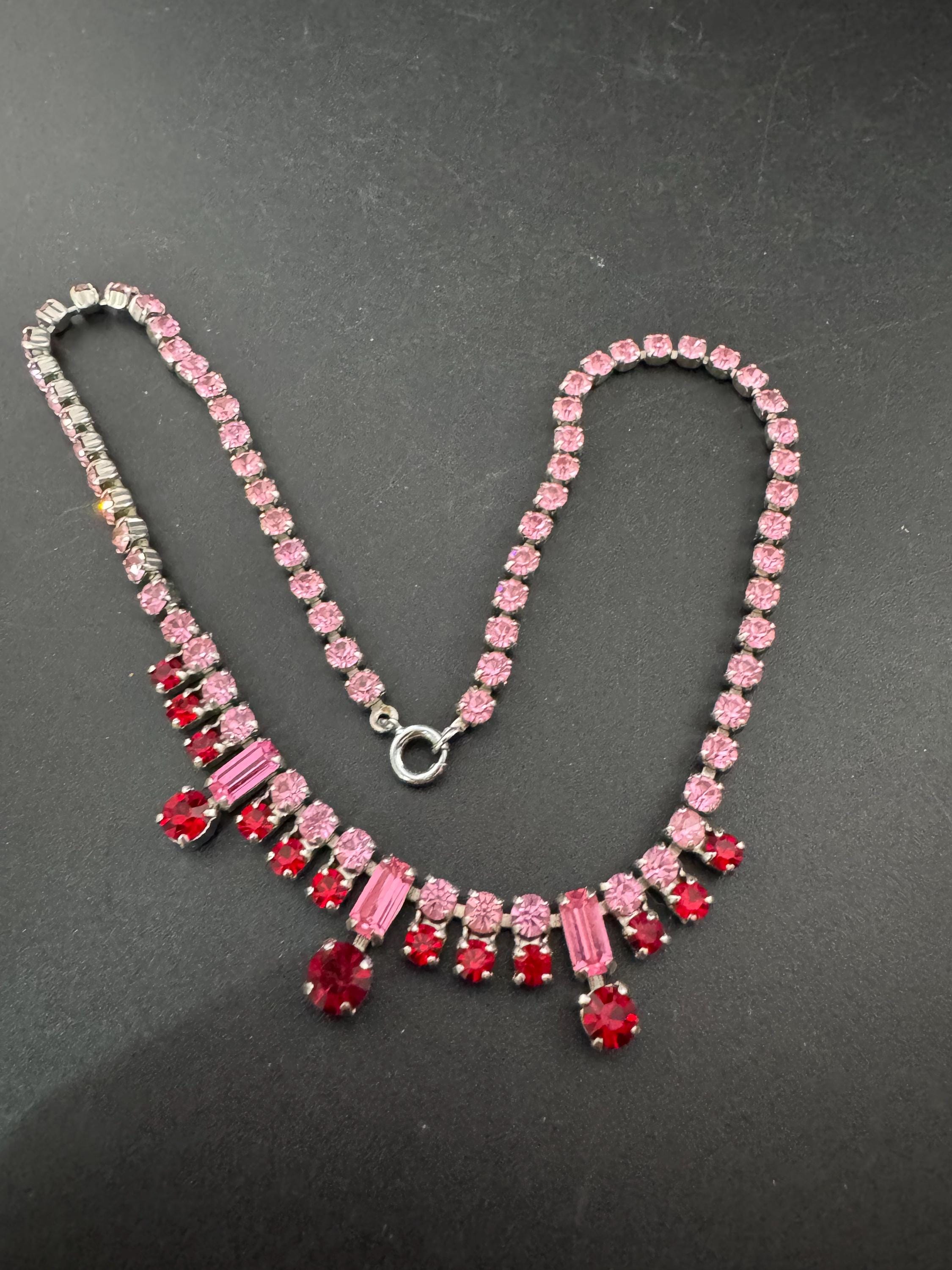 petite fit pink and red diamanté crystal drop necklace, baguette glass rhinestones, vintage