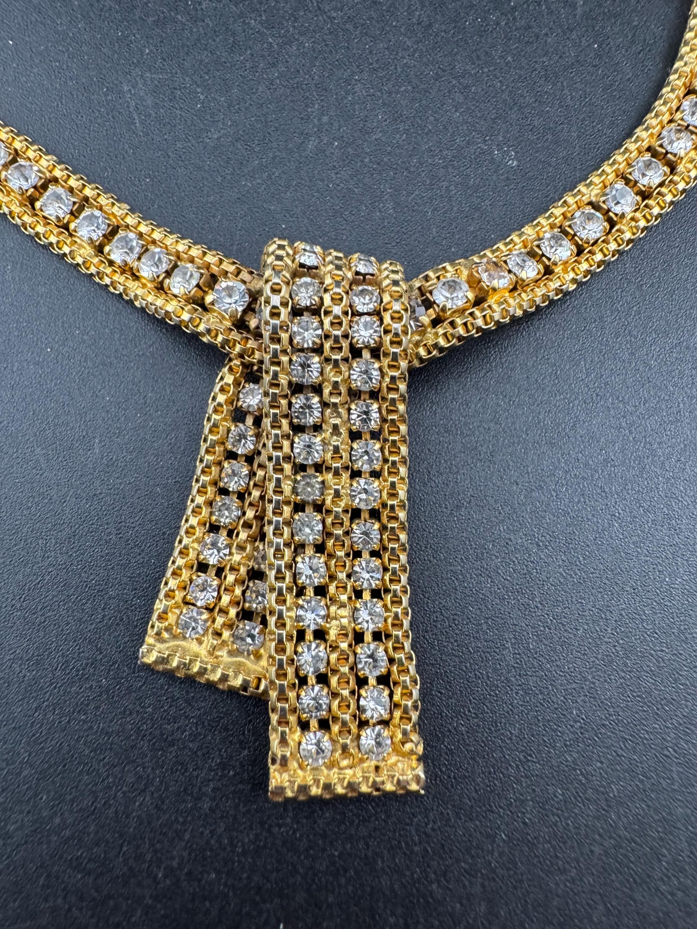 Vintage penino gold tone mesh & Clear paste diamanté waterfall lariat necklace