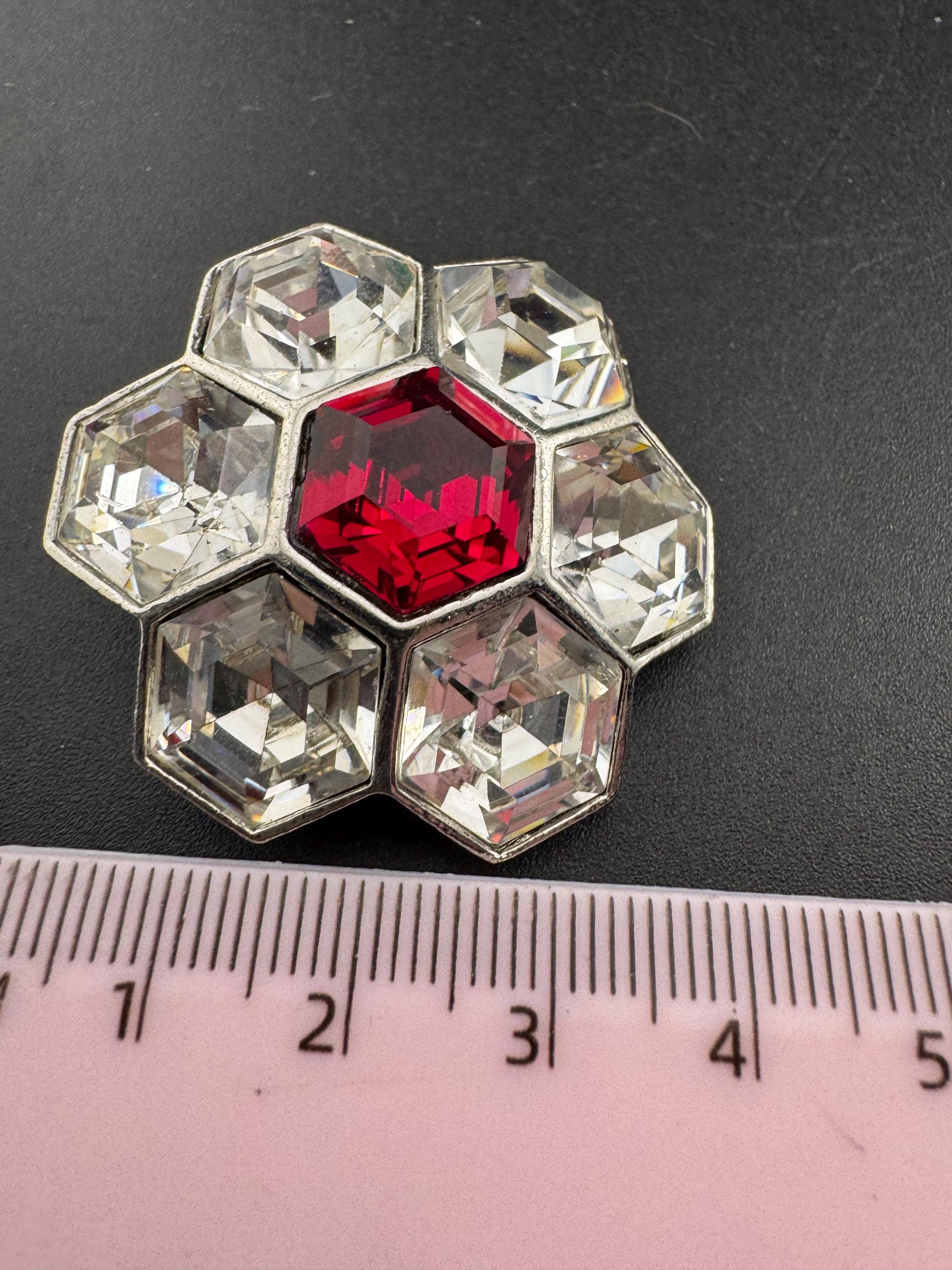vintage silver tone octagonal ruby red Swarovski crystal rhinestone cocktail necklace and matching clip on earrings jewellery set
