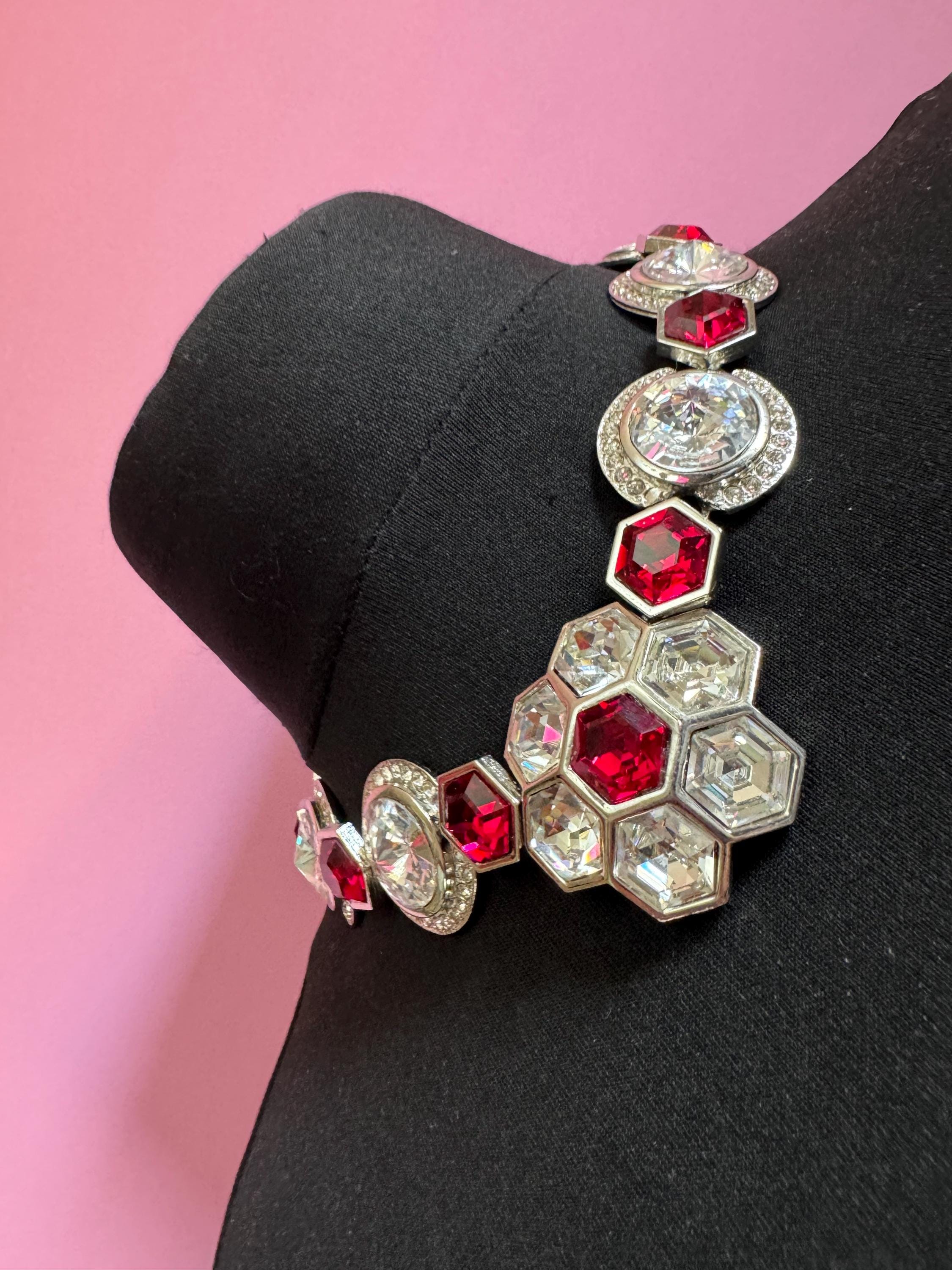 vintage silver tone octagonal ruby red Swarovski crystal rhinestone cocktail necklace and matching clip on earrings jewellery set