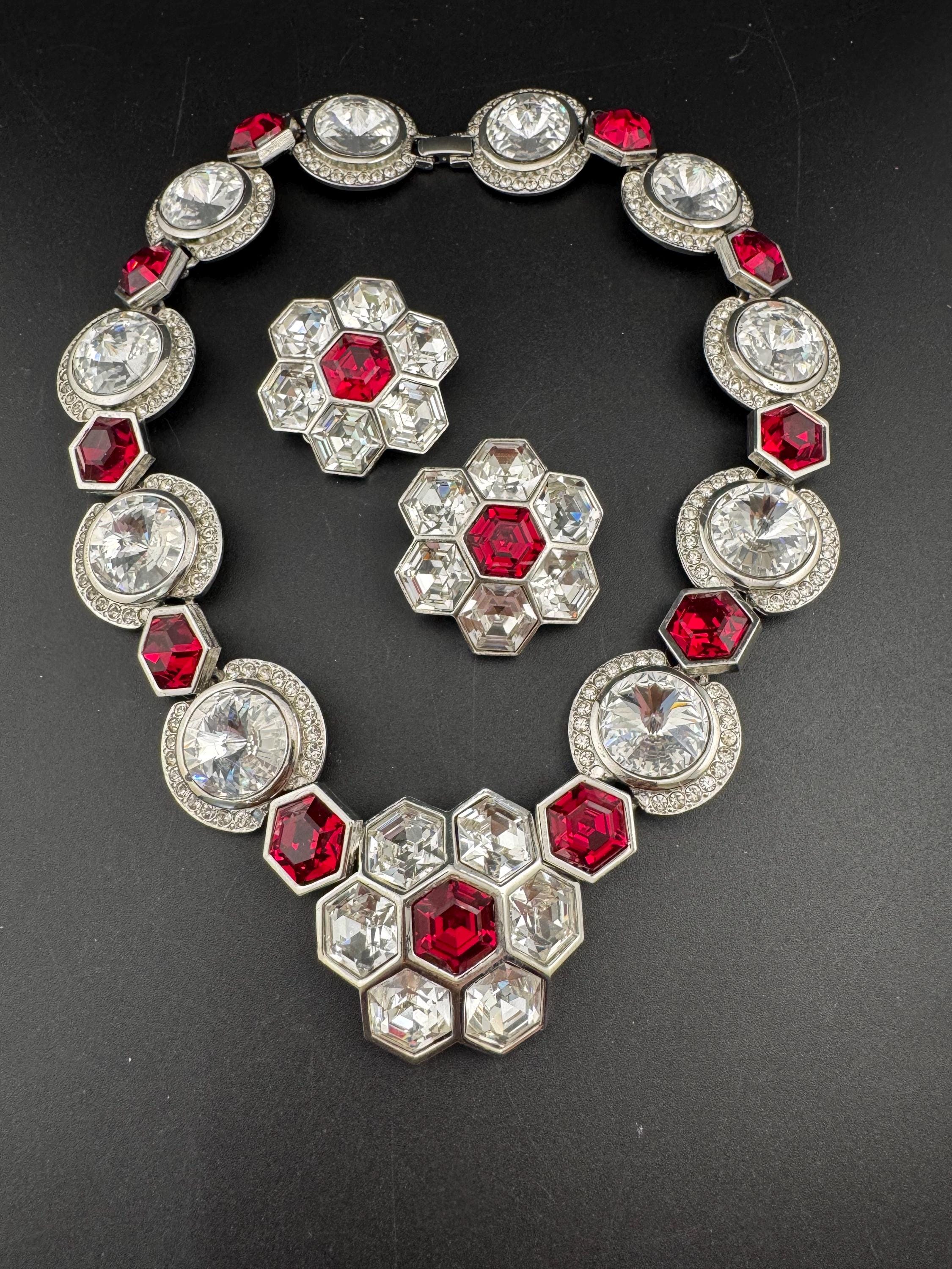 vintage silver tone octagonal ruby red Swarovski crystal rhinestone cocktail necklace and matching clip on earrings jewellery set