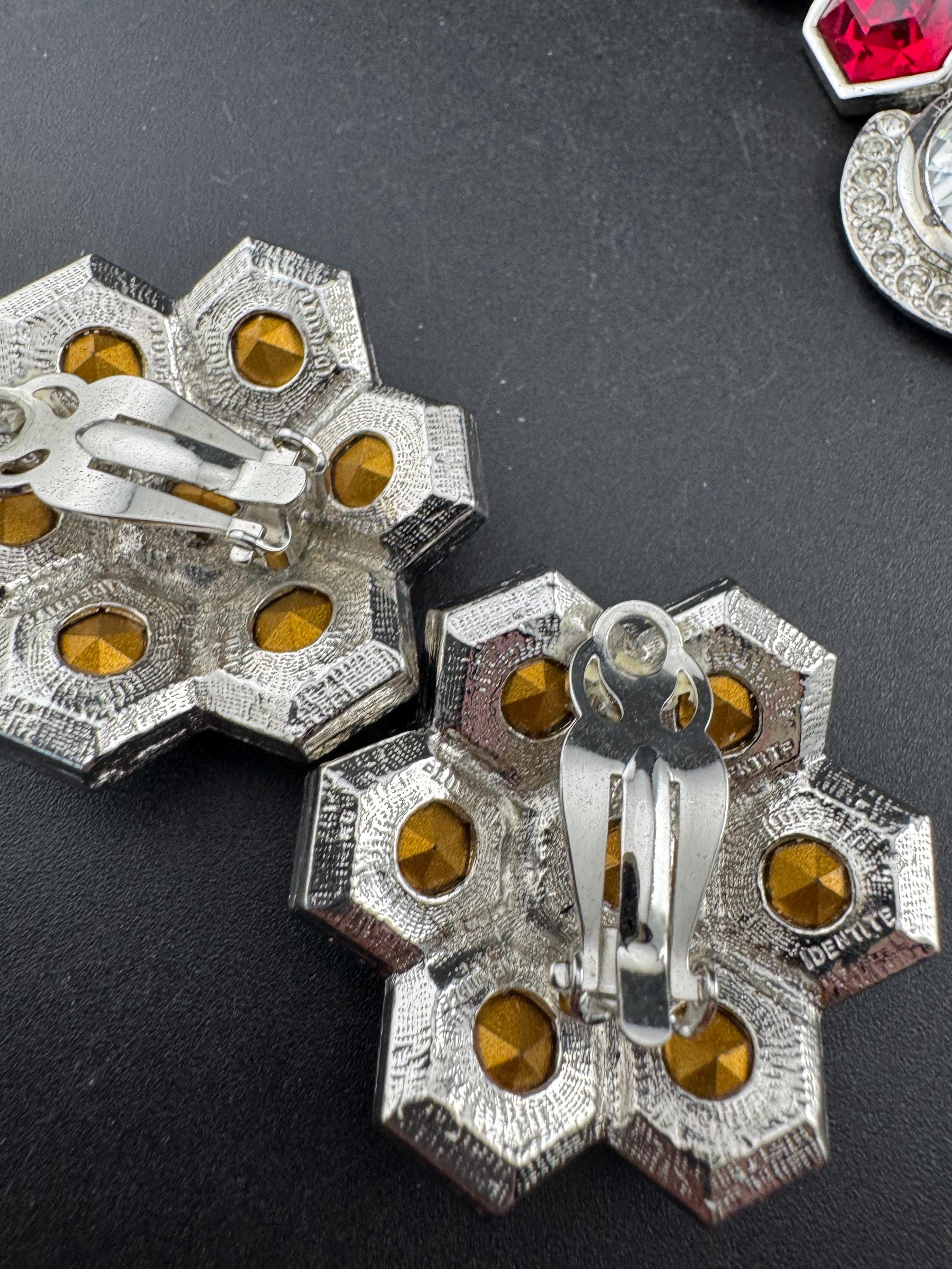vintage silver tone octagonal ruby red Swarovski crystal rhinestone cocktail necklace and matching clip on earrings jewellery set