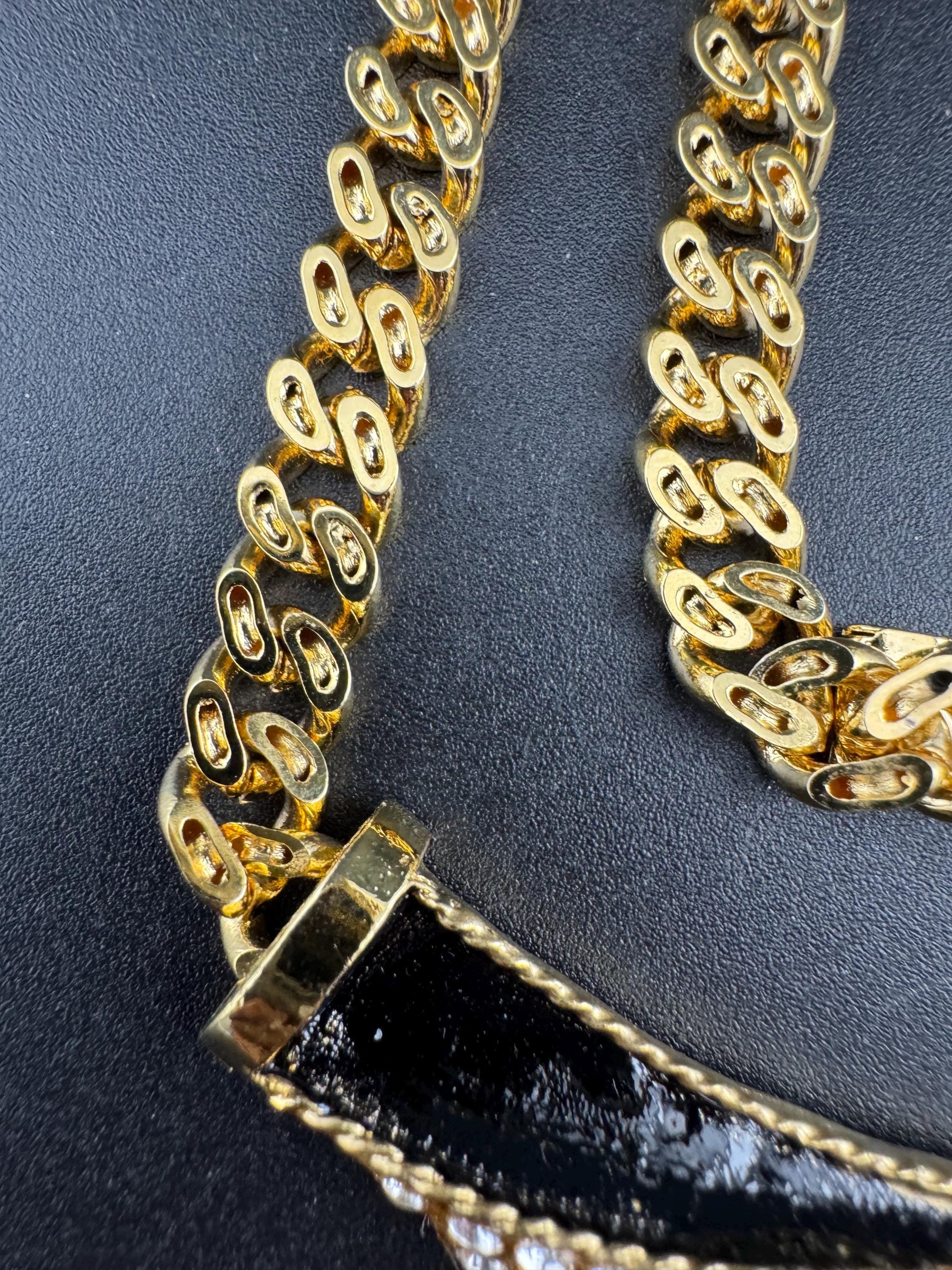 vintage 1980s gold plated diamanté black and cream enamel statement gold chain choker necklace