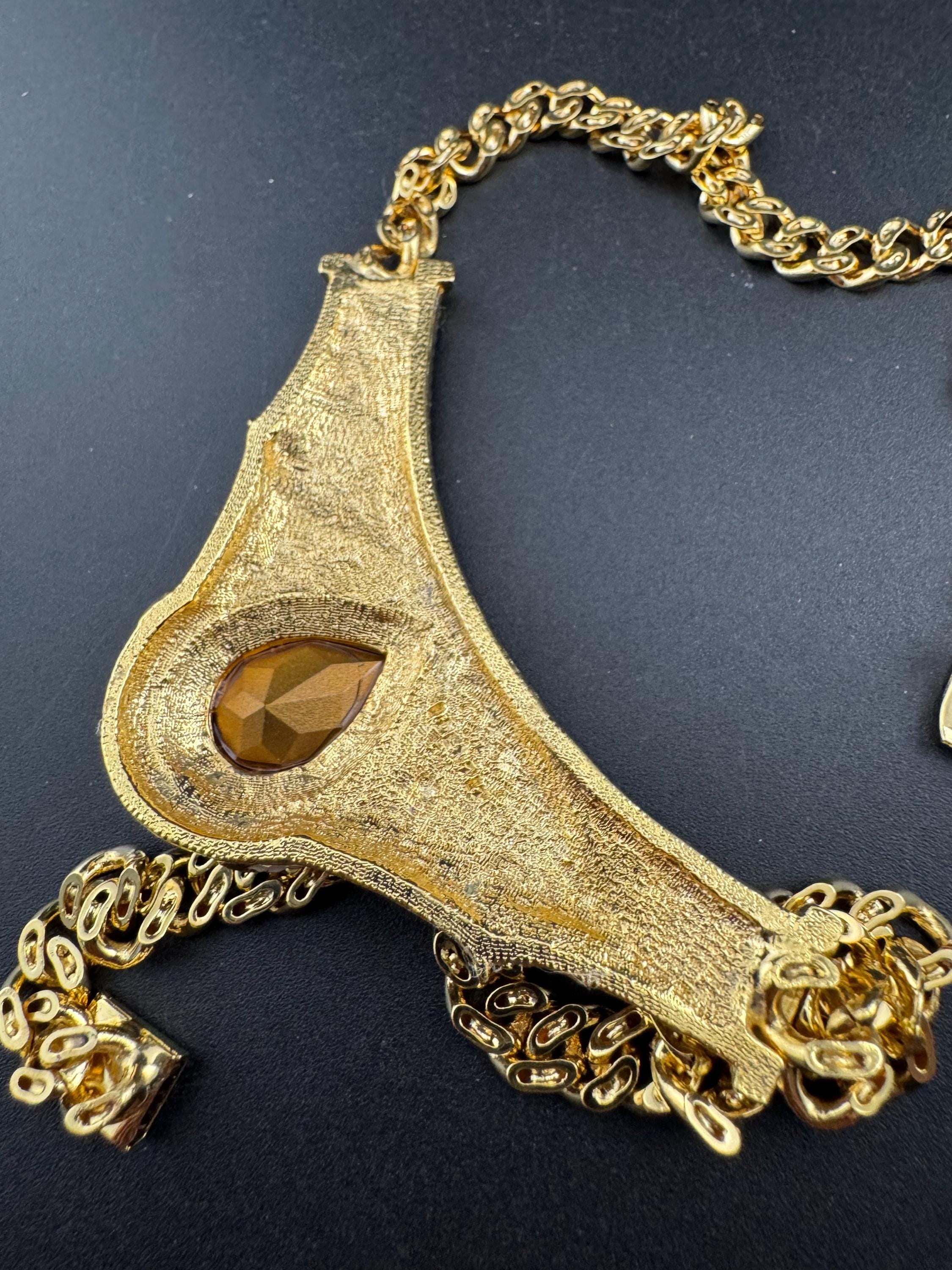 vintage 1980s gold plated diamanté black and cream enamel statement gold chain choker necklace