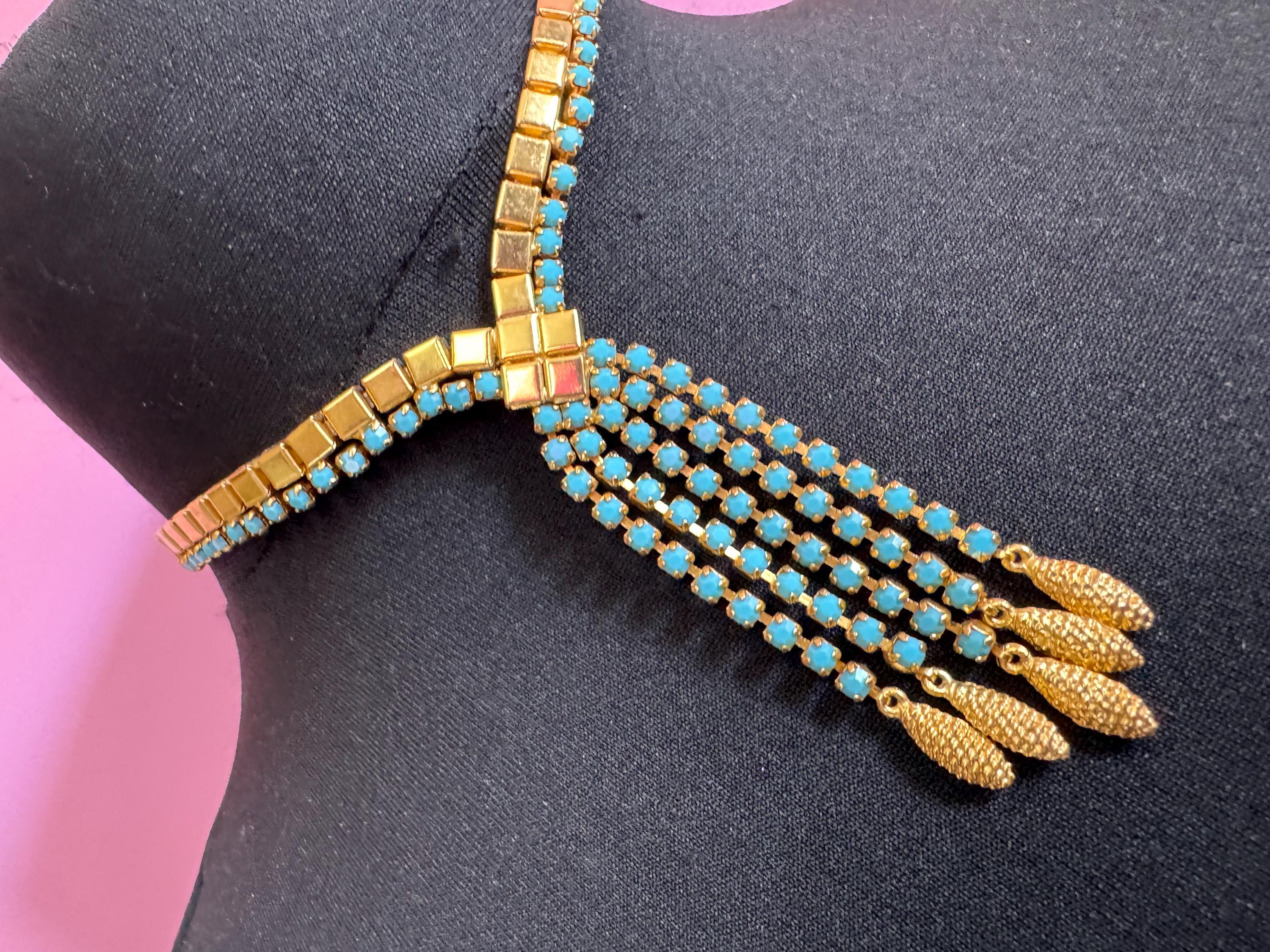1970s gold tone penino mesh lariat drop necklace with turquoise glass paste