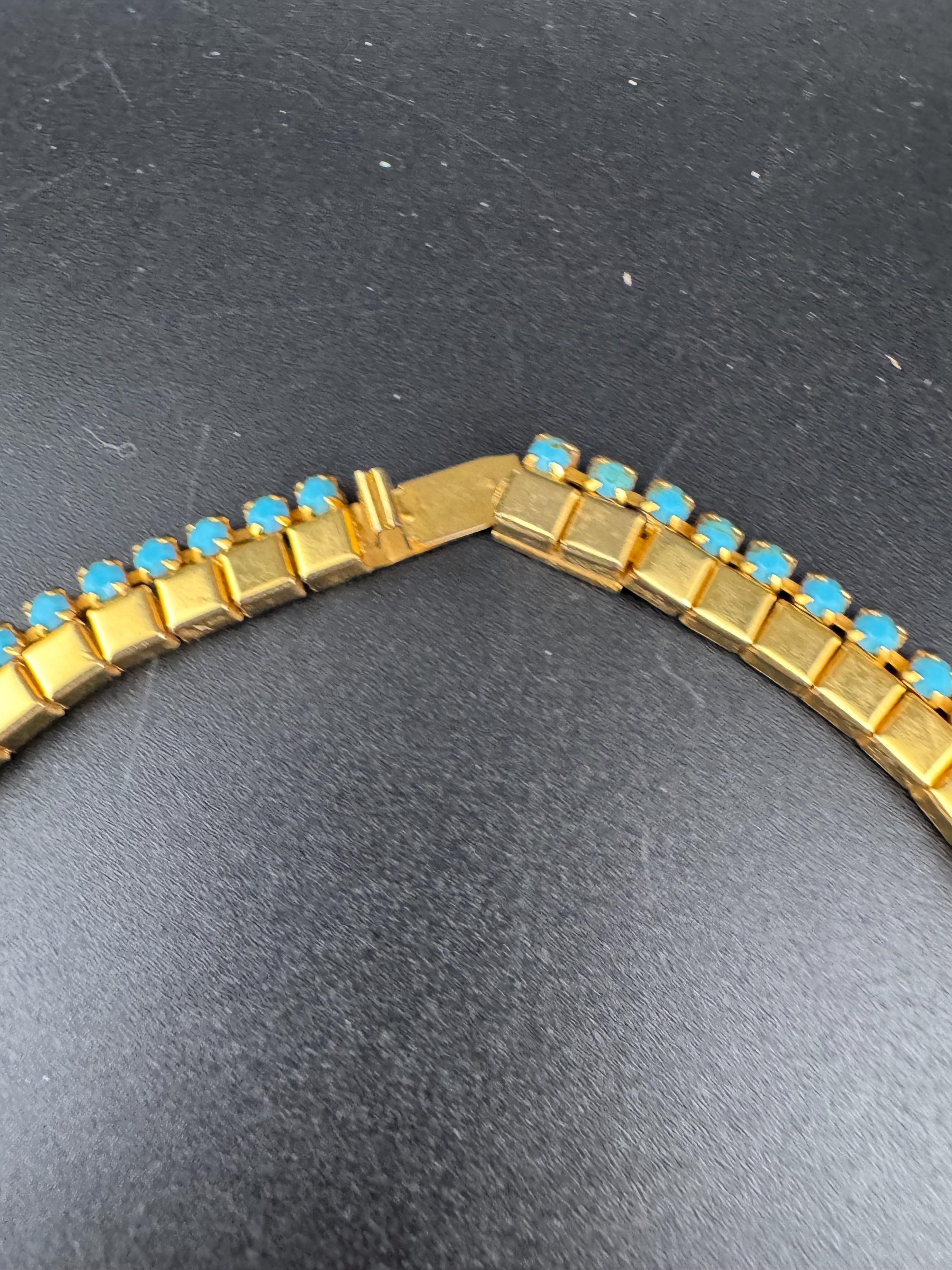 1970s gold tone penino mesh lariat drop necklace with turquoise glass paste