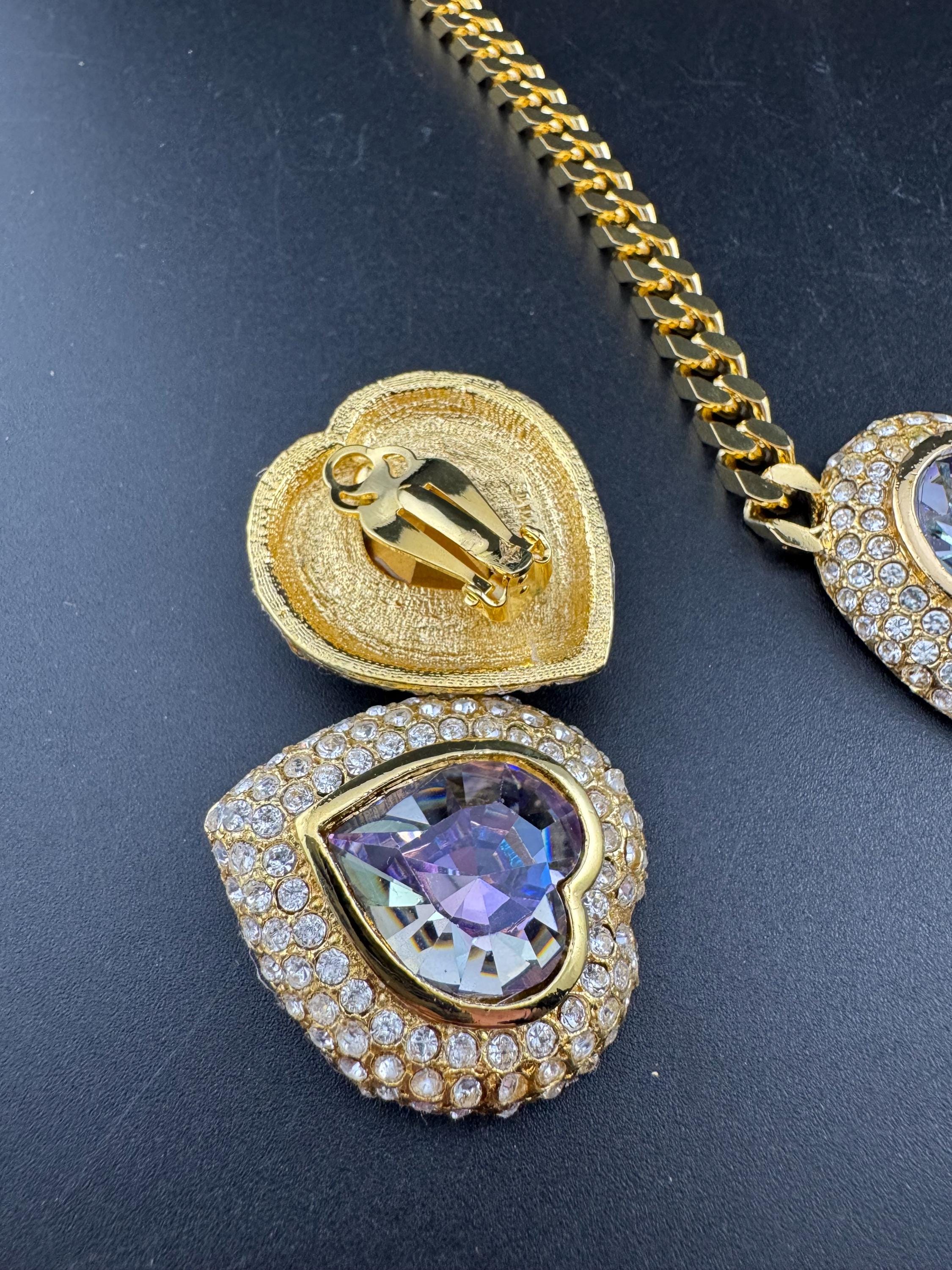 Vintage purple AB and clear Swarovski crystal love heart gold tone necklace and oversized clip on earrings jewellery set