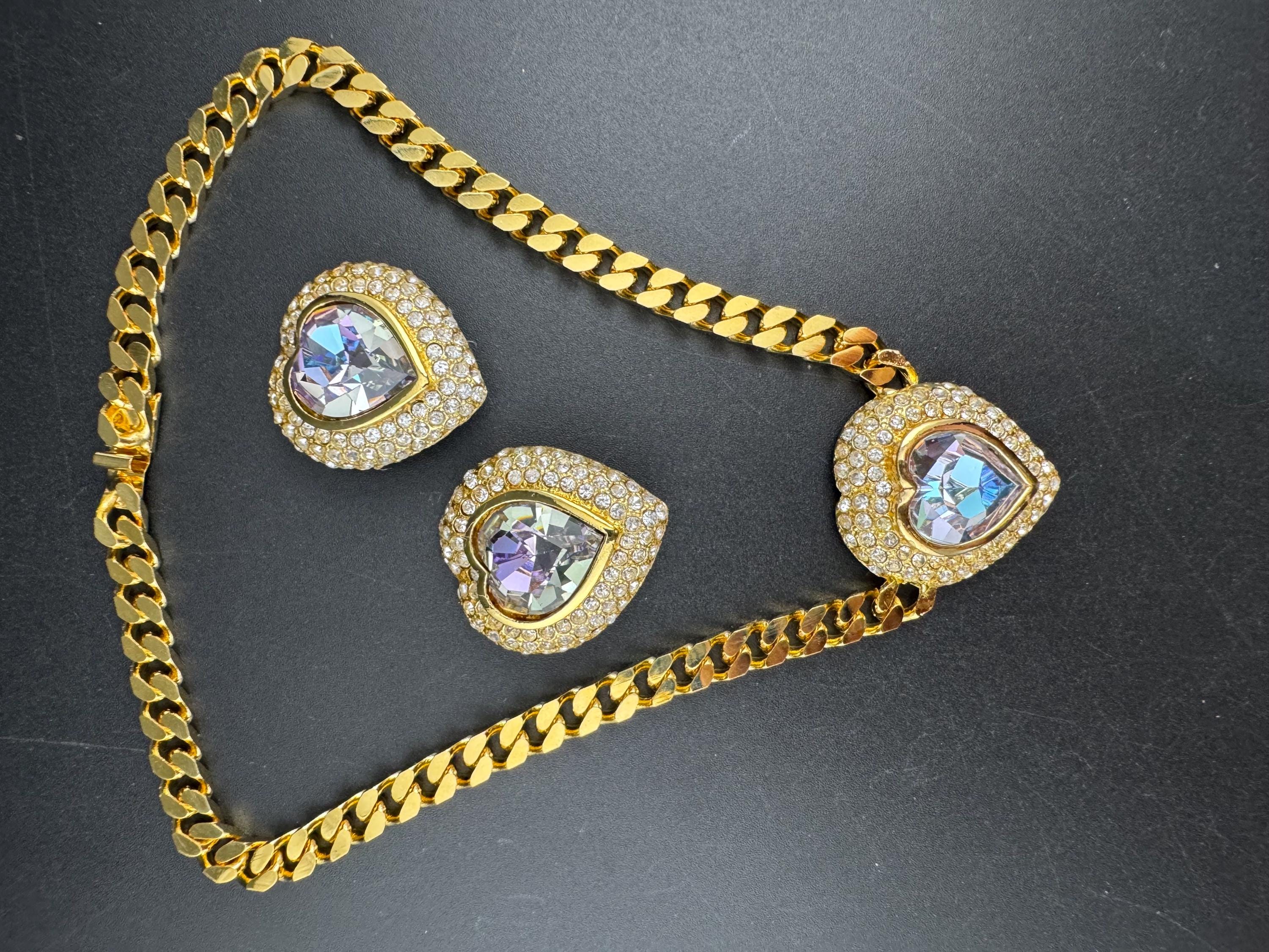 Vintage purple AB and clear Swarovski crystal love heart gold tone necklace and oversized clip on earrings jewellery set