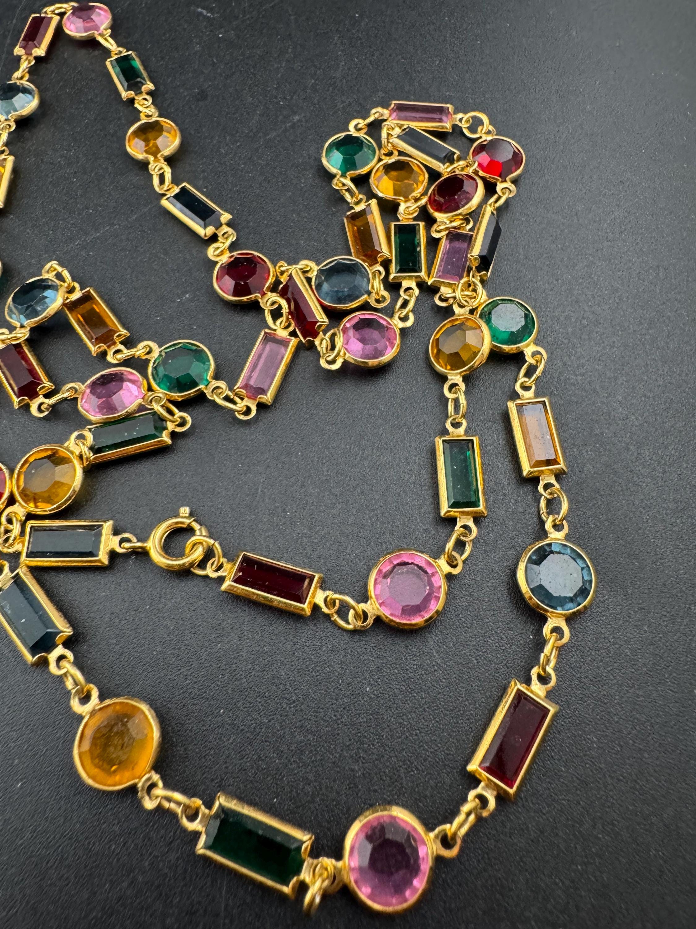 vintage multi coloured geometric crystal Rivière bezel gold plated necklace 80cm