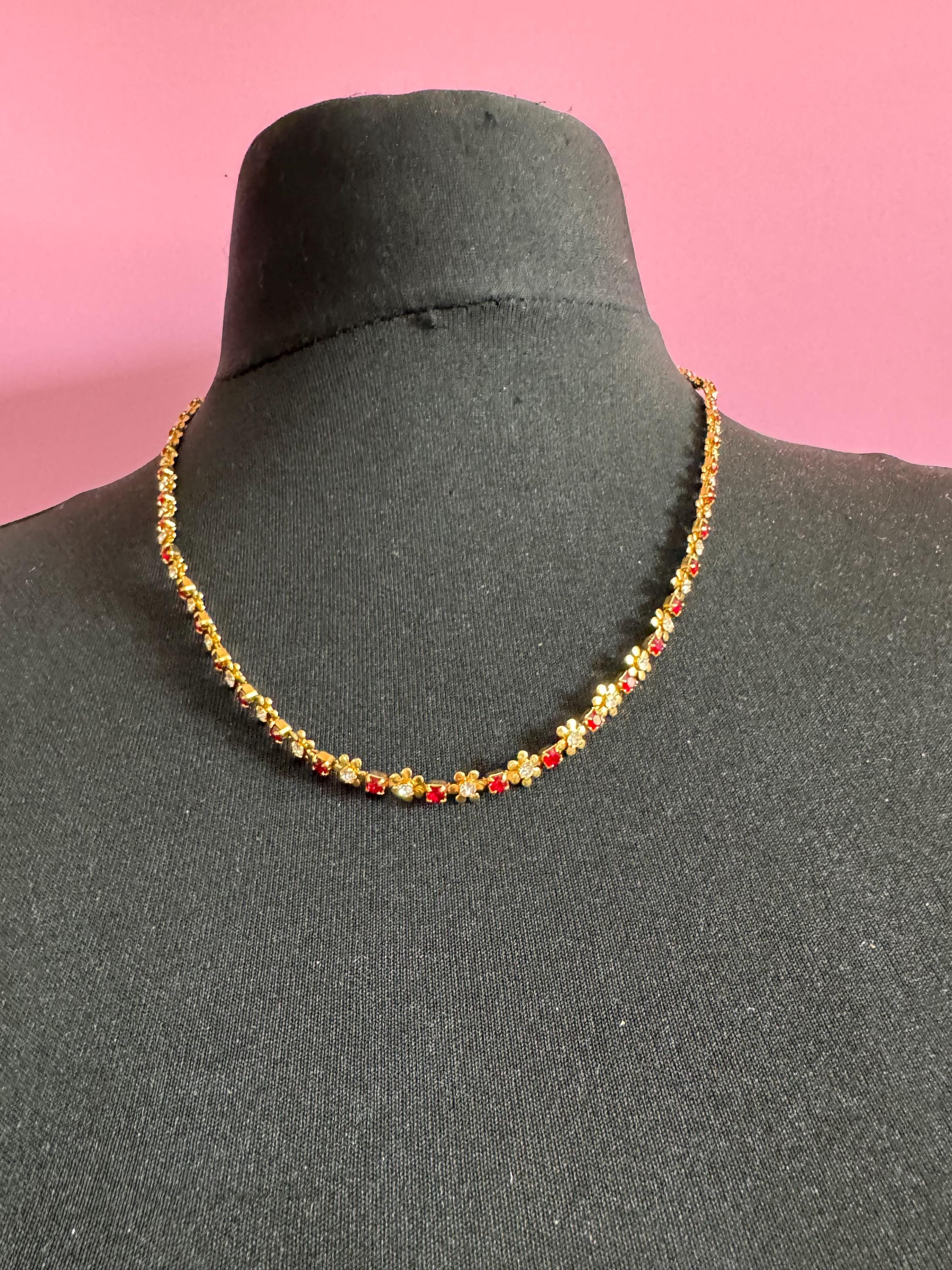 Retro 1980s dainty fancy link Ruby floral diamanté necklace