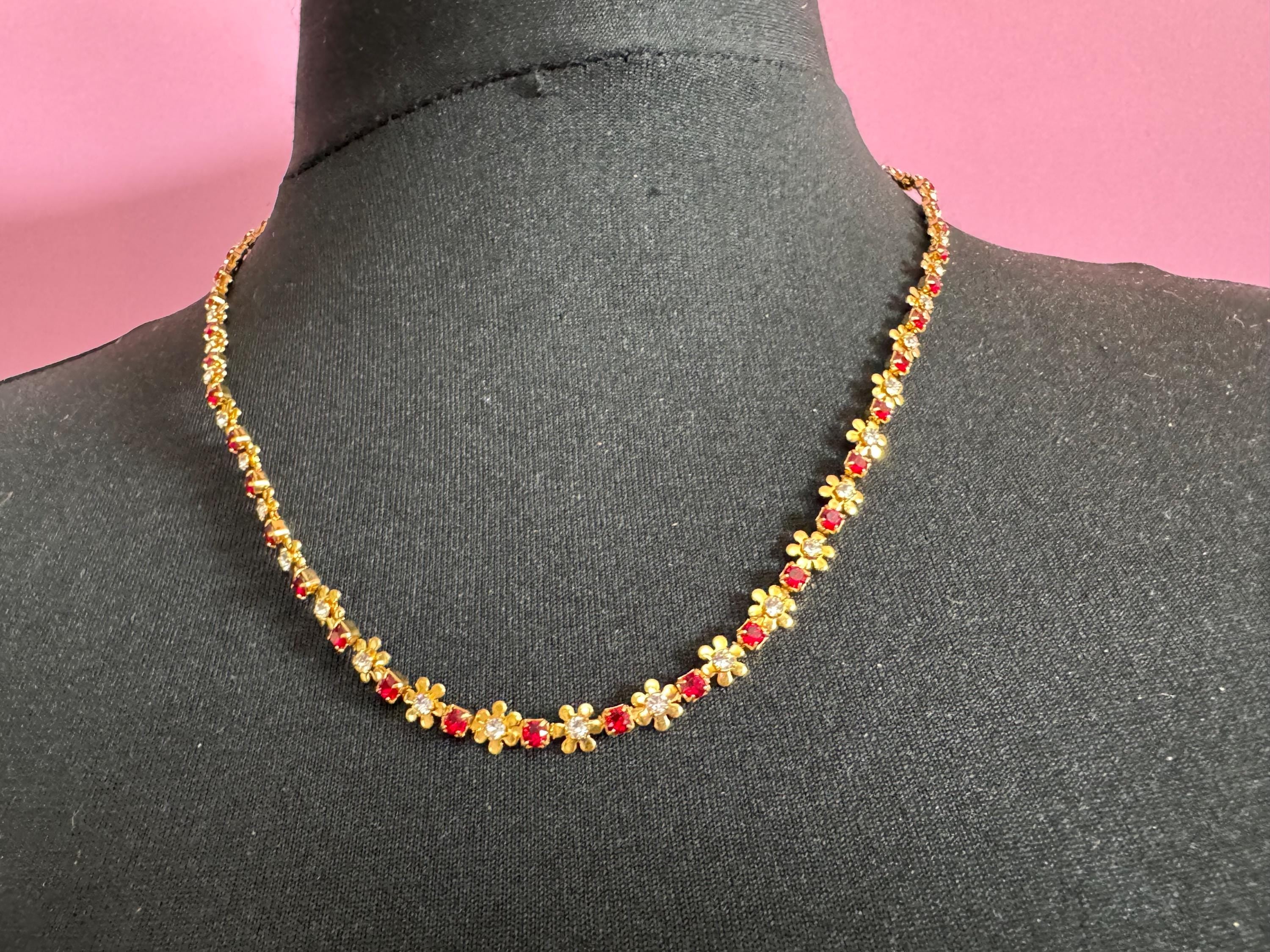 Retro 1980s dainty fancy link Ruby floral diamanté necklace