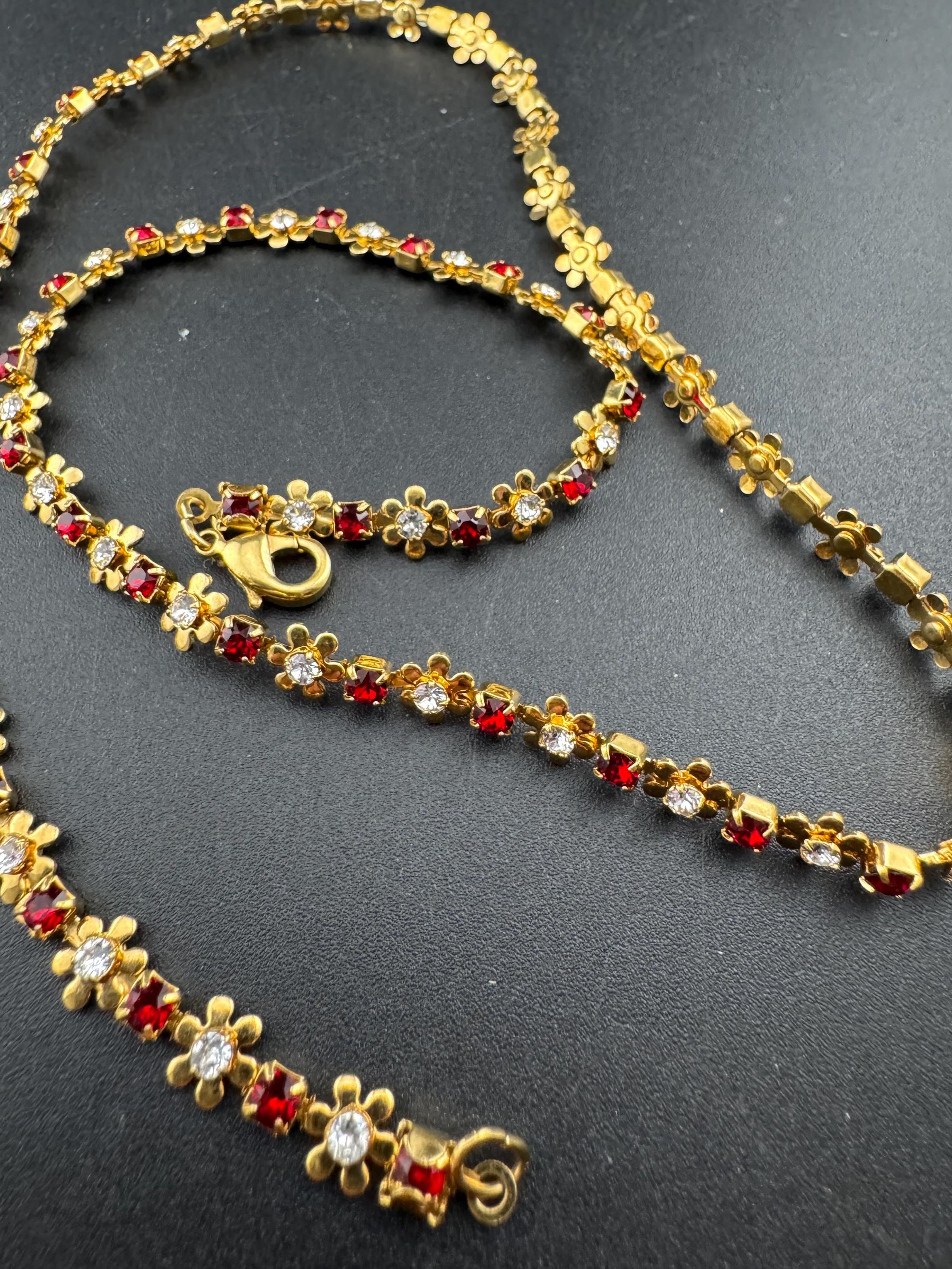 Retro 1980s dainty fancy link Ruby floral diamanté necklace