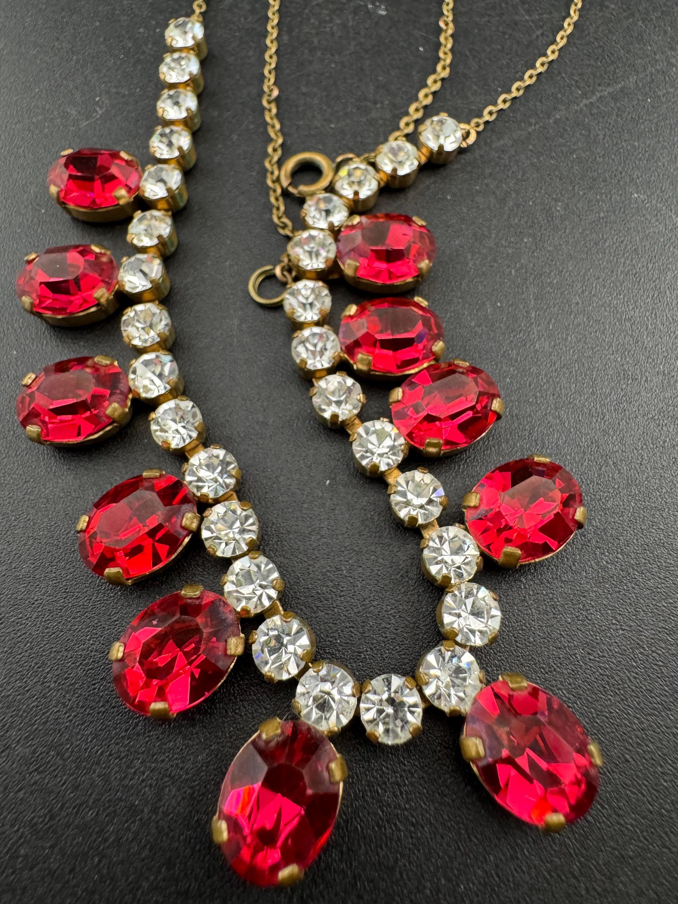44cm Ruby red pink diamanté crystal drop necklace, fine chain, glass rhinestones, vintage