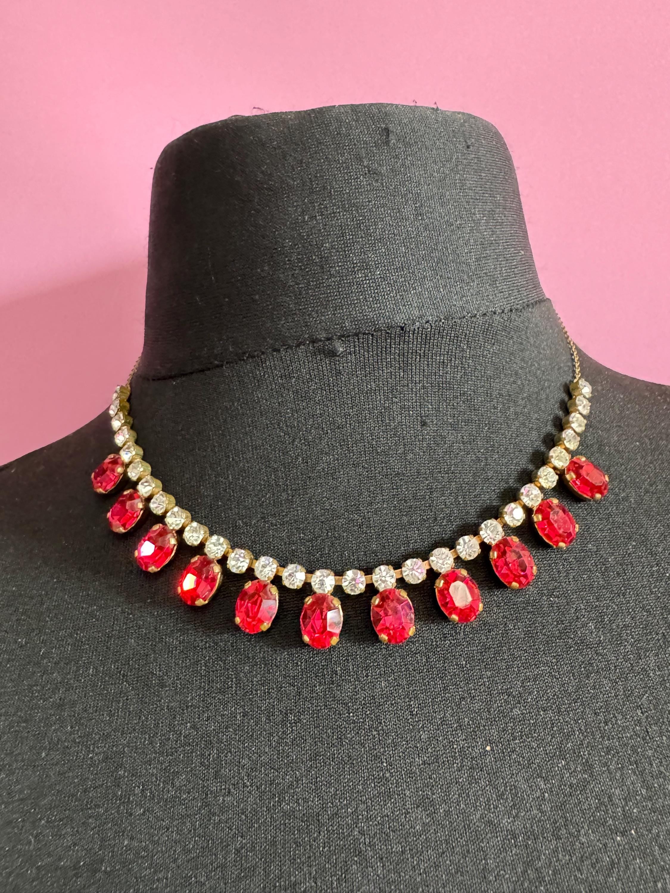 44cm Ruby red pink diamanté crystal drop necklace, fine chain, glass rhinestones, vintage