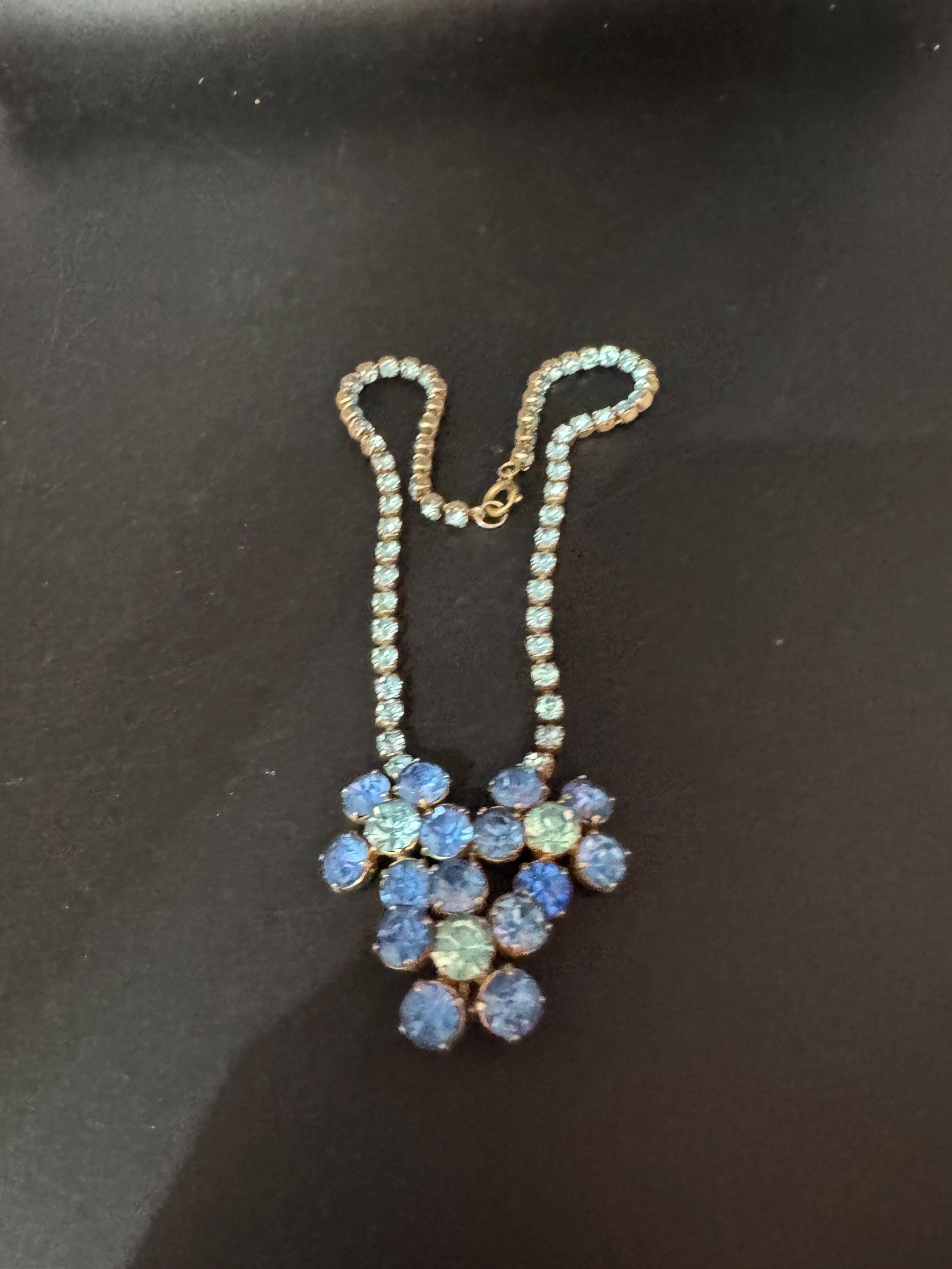 Hydrangea blue turquoise diamanté crystal drop necklace, glass rhinestones, vintage