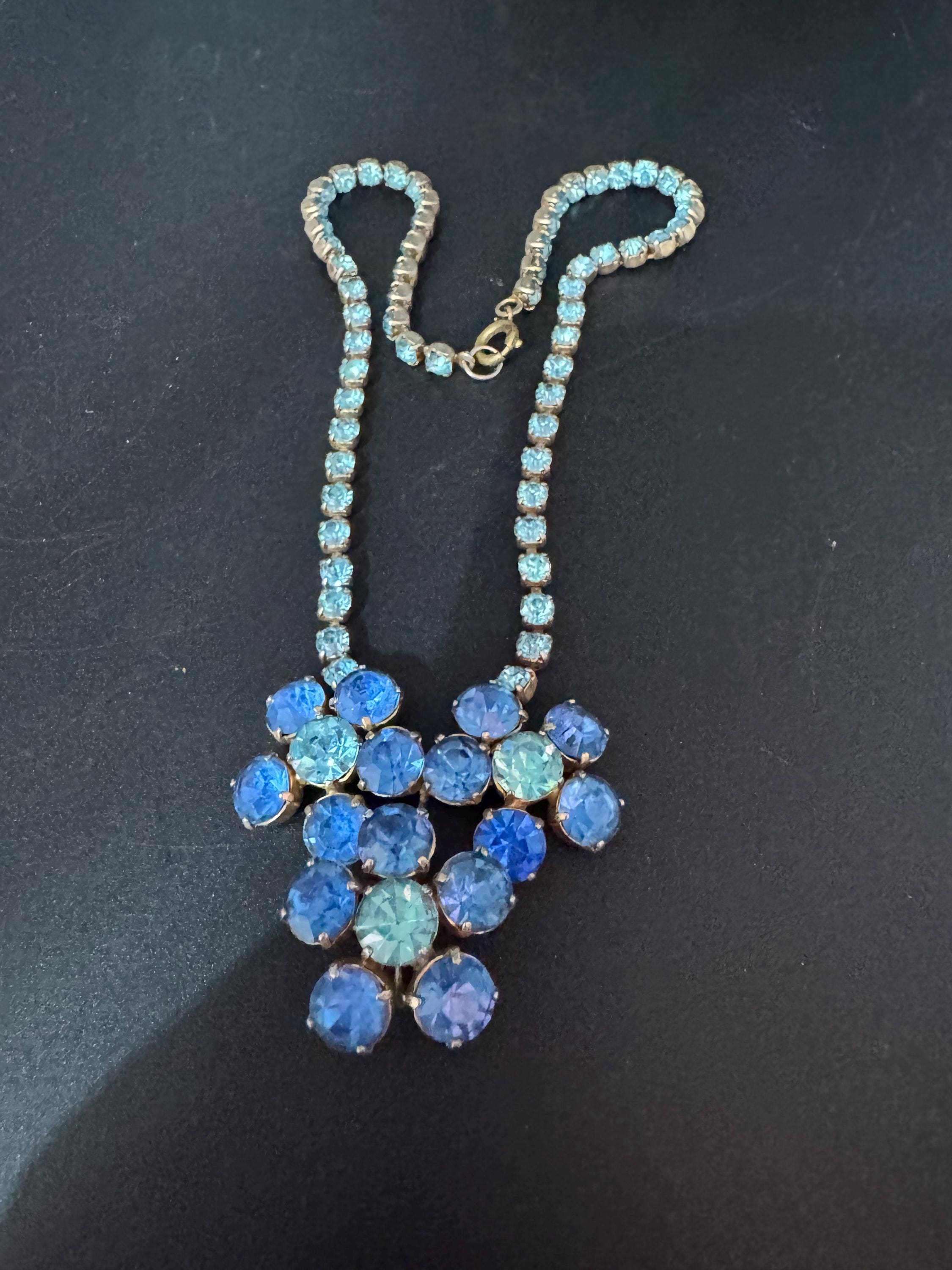 Hydrangea blue turquoise diamanté crystal drop necklace, glass rhinestones, vintage