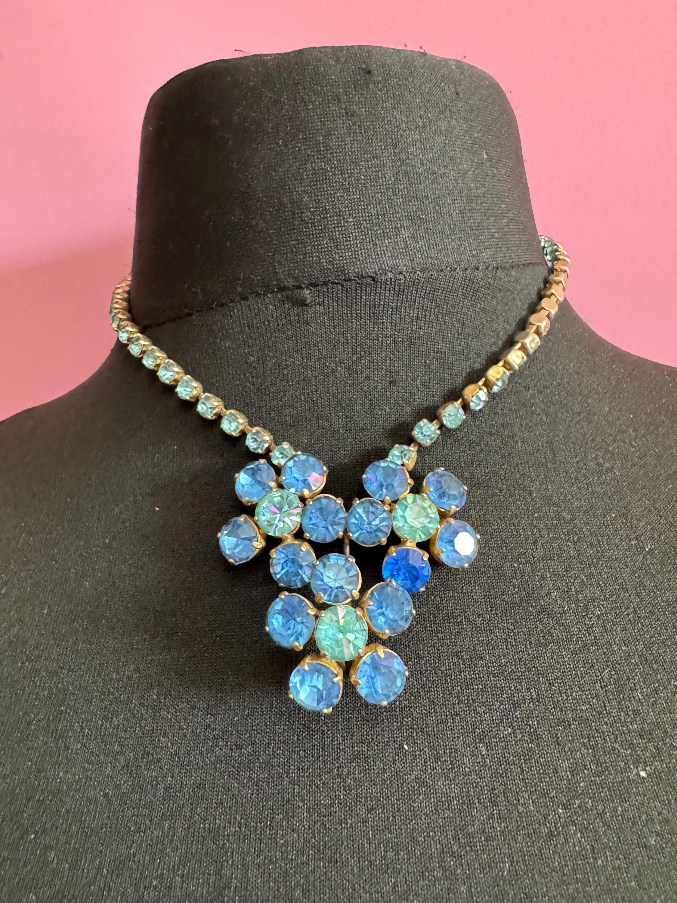 Hydrangea blue turquoise diamanté crystal drop necklace, glass rhinestones, vintage