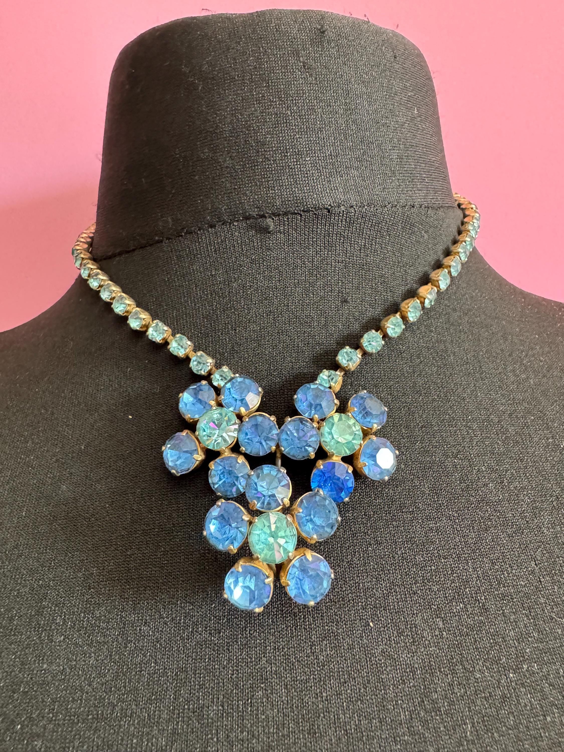 Hydrangea blue turquoise diamanté crystal drop necklace, glass rhinestones, vintage