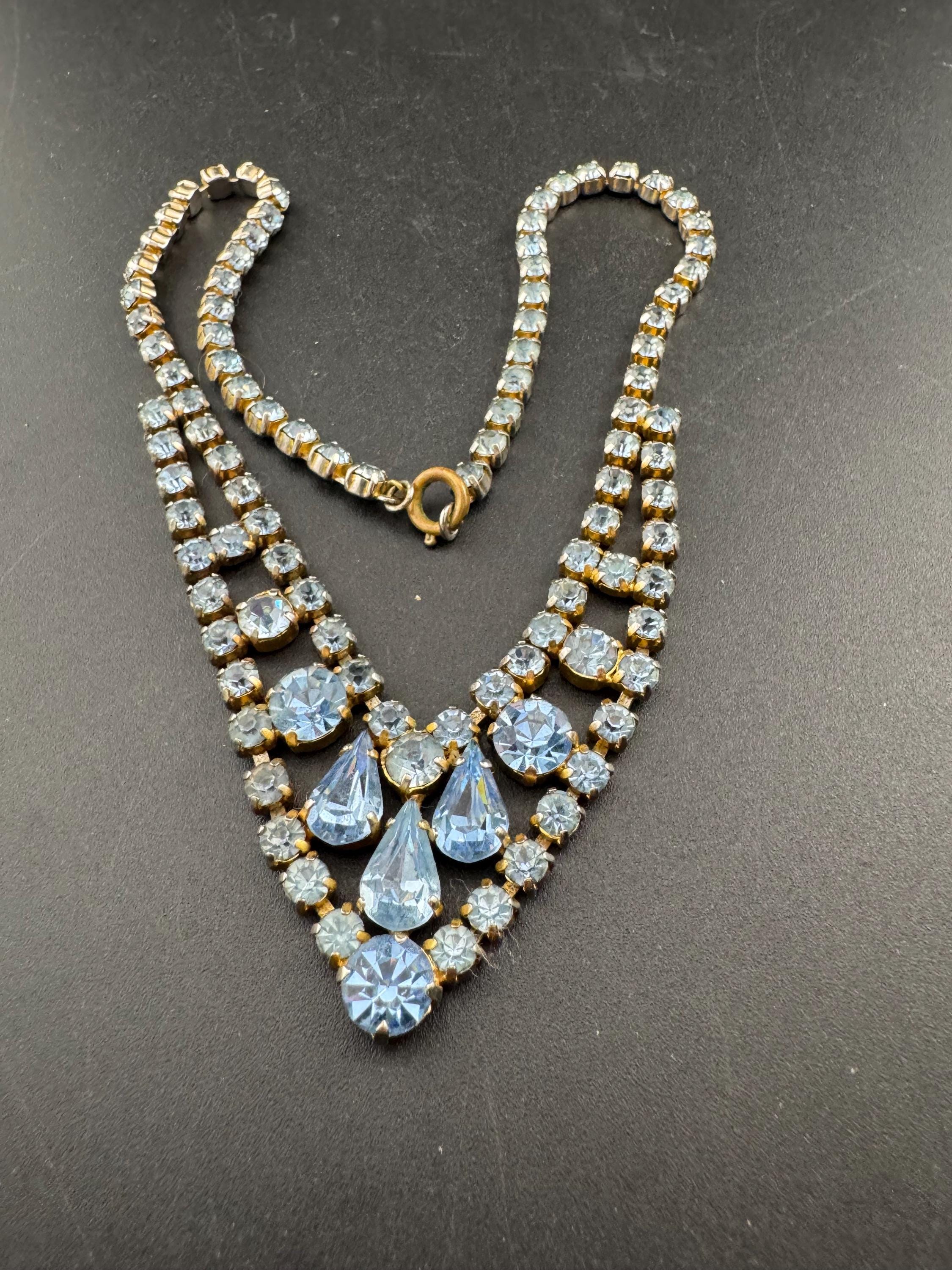 Light blue diamanté crystal drop necklace, glass rhinestones, vintage