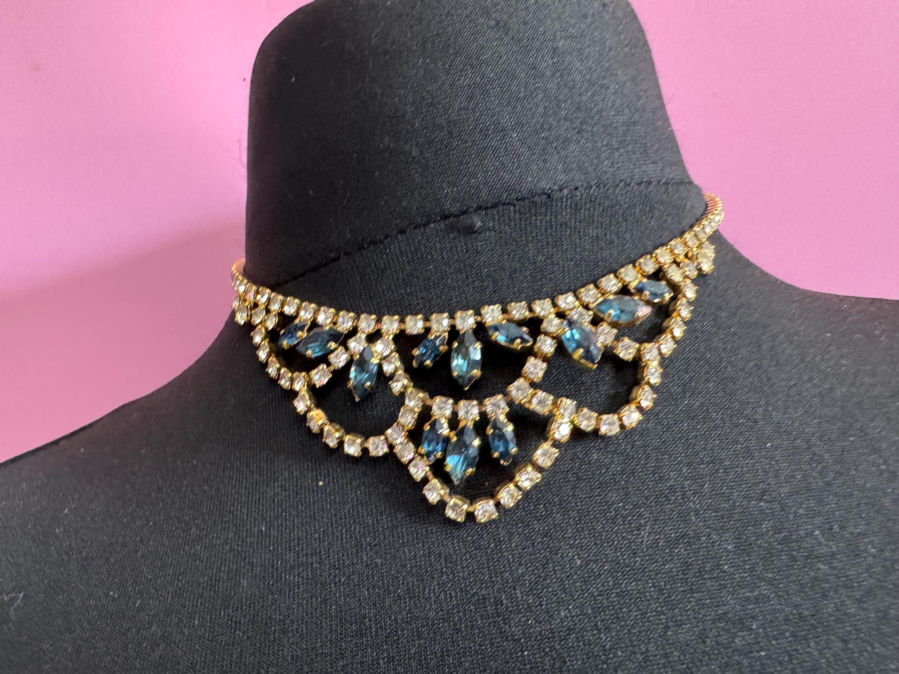 Sapphire blue diamanté crystal drop necklace, glass rhinestones, vintage