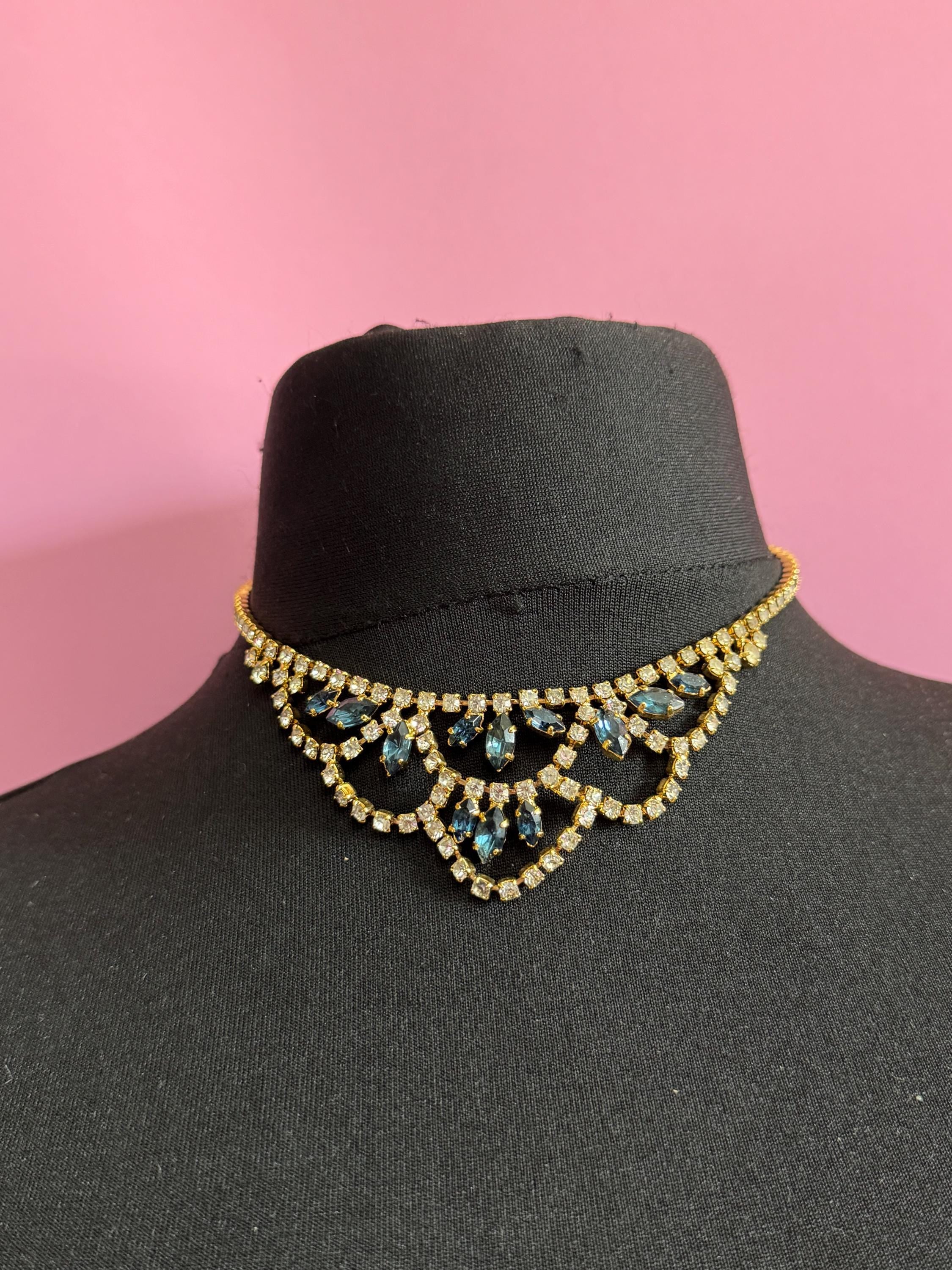 Sapphire blue diamanté crystal drop necklace, glass rhinestones, vintage