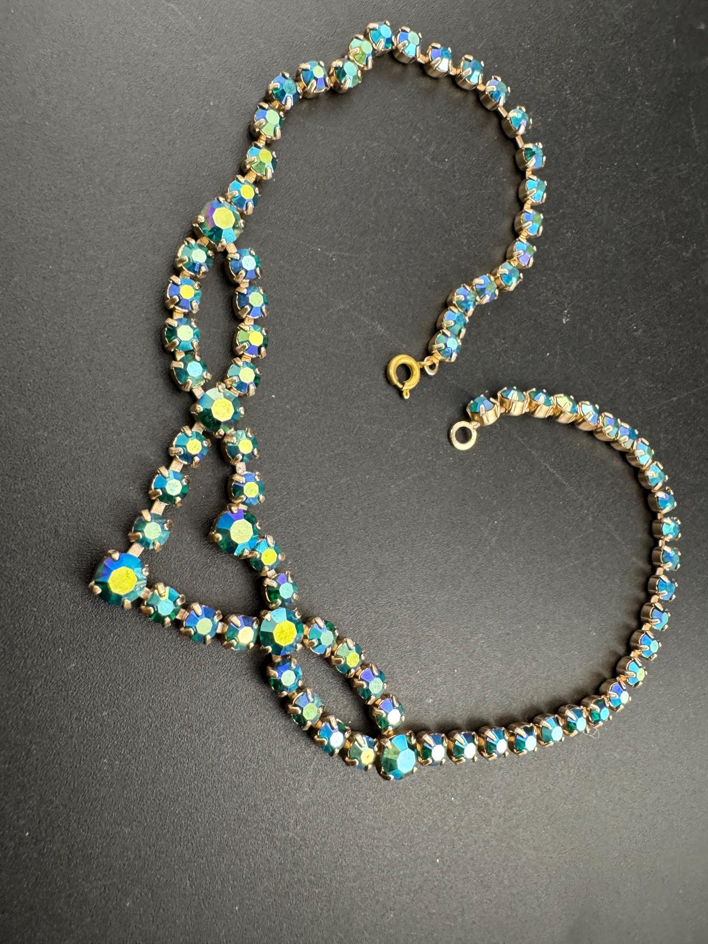 Petite fit 39cm blue green Aurora borealis diamanté crystal necklace, glass, vintage