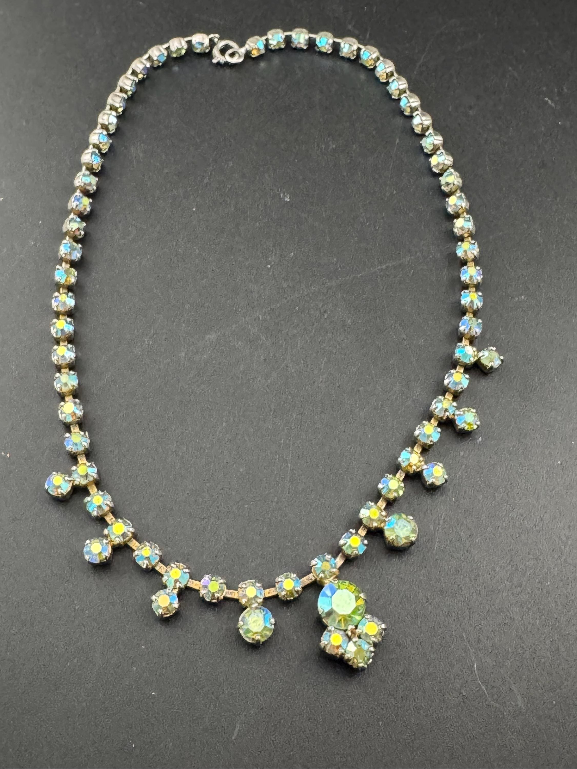 Uranium glass Petite fit 38.5 blue green Aurora borealis diamanté crystal necklace, glass, vintage