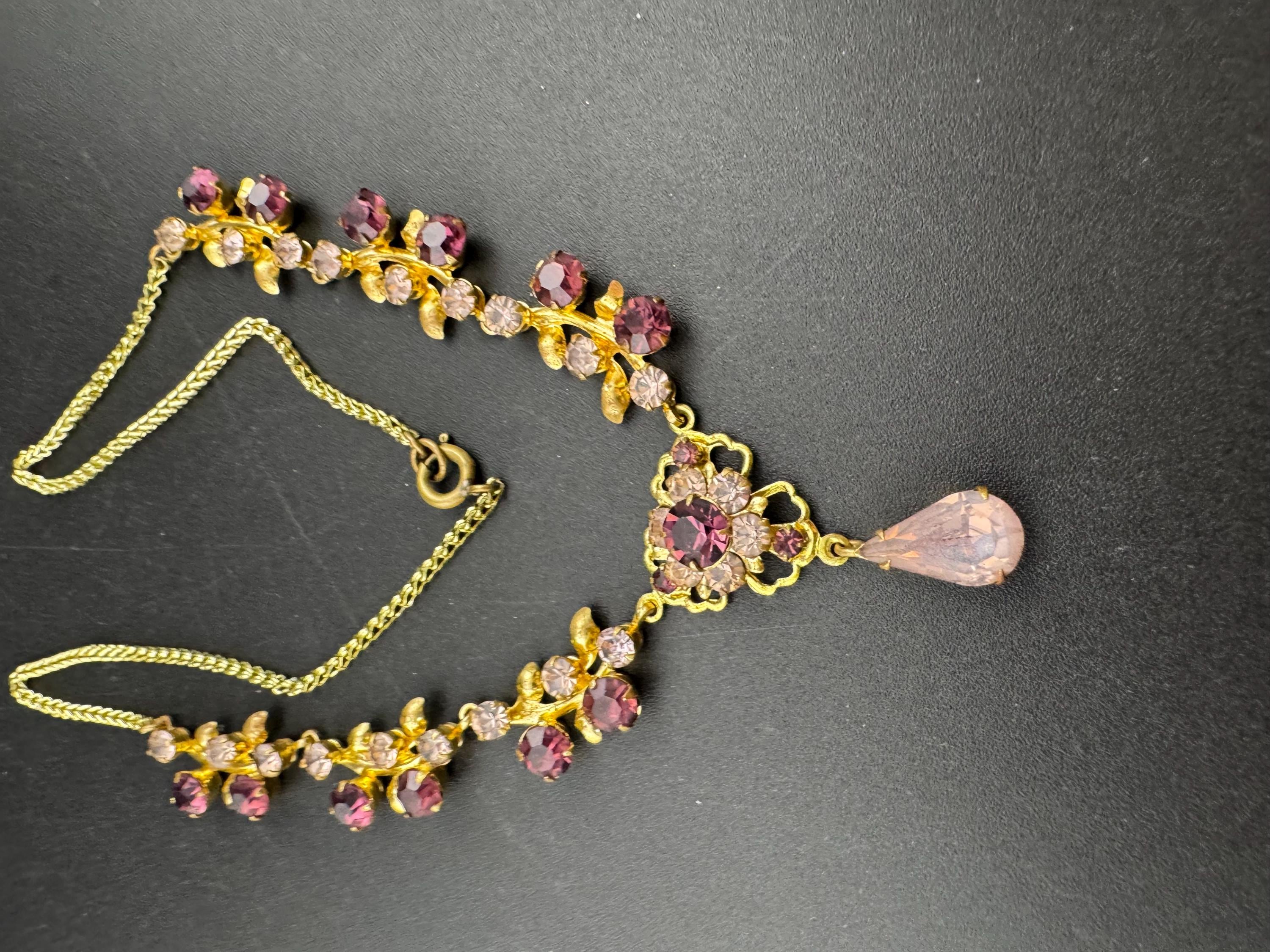 Purple diamanté crystal drop necklace, glass rhinestones, vintage
