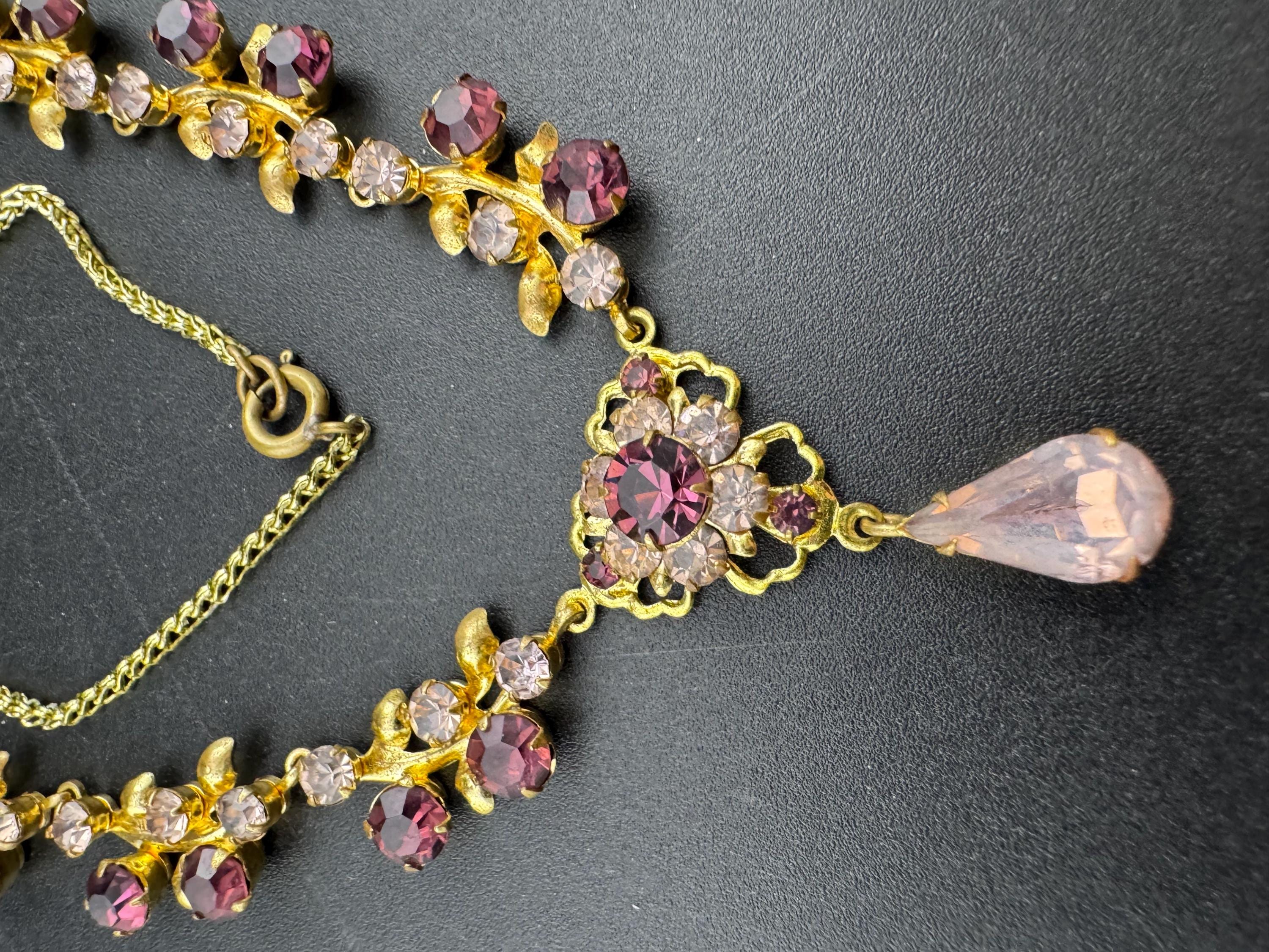 Purple diamanté crystal drop necklace, glass rhinestones, vintage