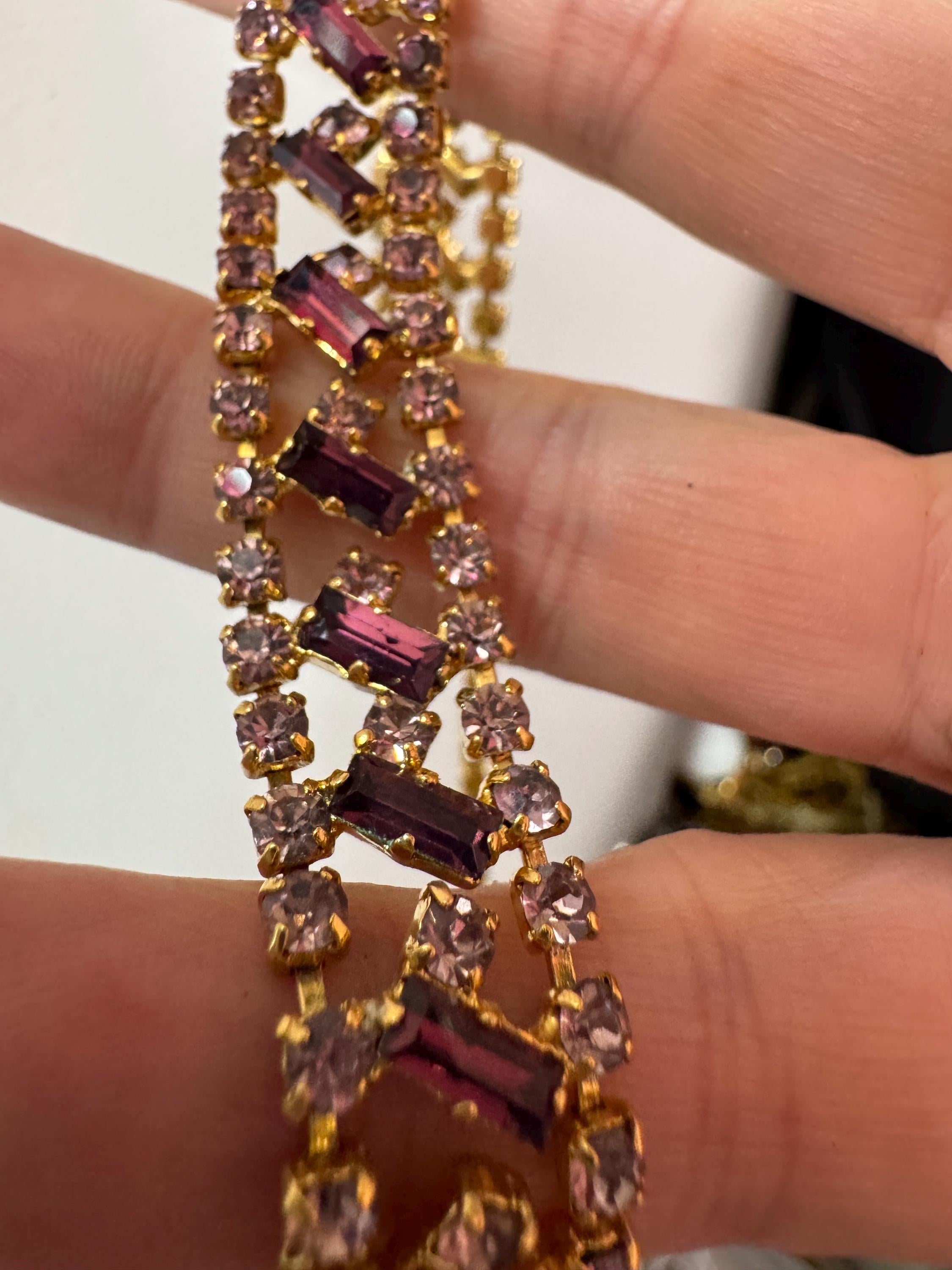 Purple amethyst baguette diamanté crystal choker necklace, glass rhinestones, vintage